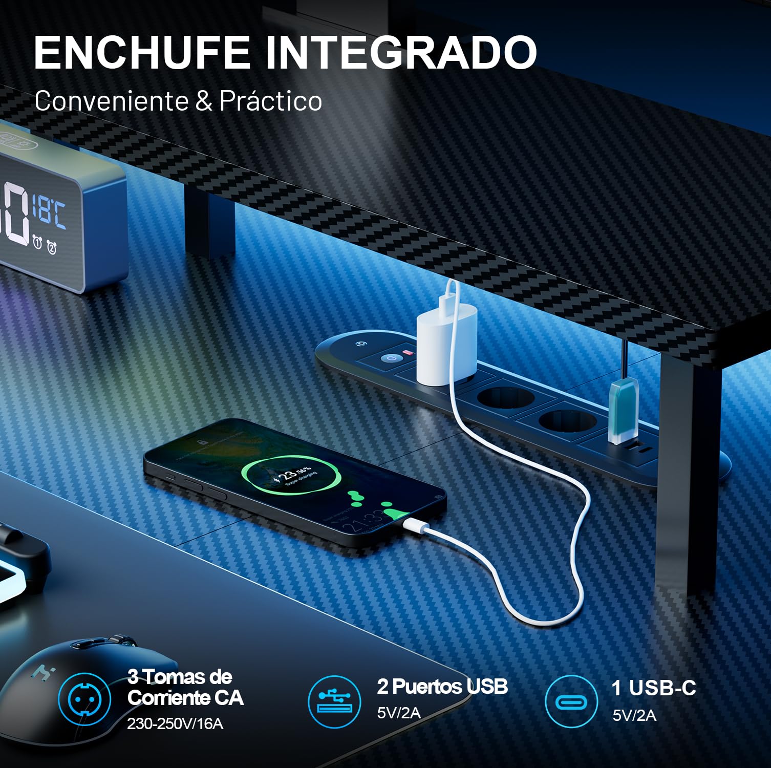 HLFURNIEU Escritorio Elevable Electrico LED 120 x 60 cm, Mesa Gaming con Toma de Corriente, Soporte para Monitor, 2 Control de Memoria, Superficie de Fibra de Carbono, Escritorio Gaming Negro