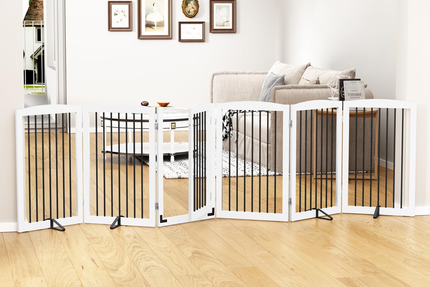 Freestanding Pet Gate with Door, Tall Dog Gate for House, Dog Gates for The House Extra Wide, Pet Puppy Safety Fence, Support Feet Included, 120 Inch Wide, 6 Panels 32" Tall, White & Black