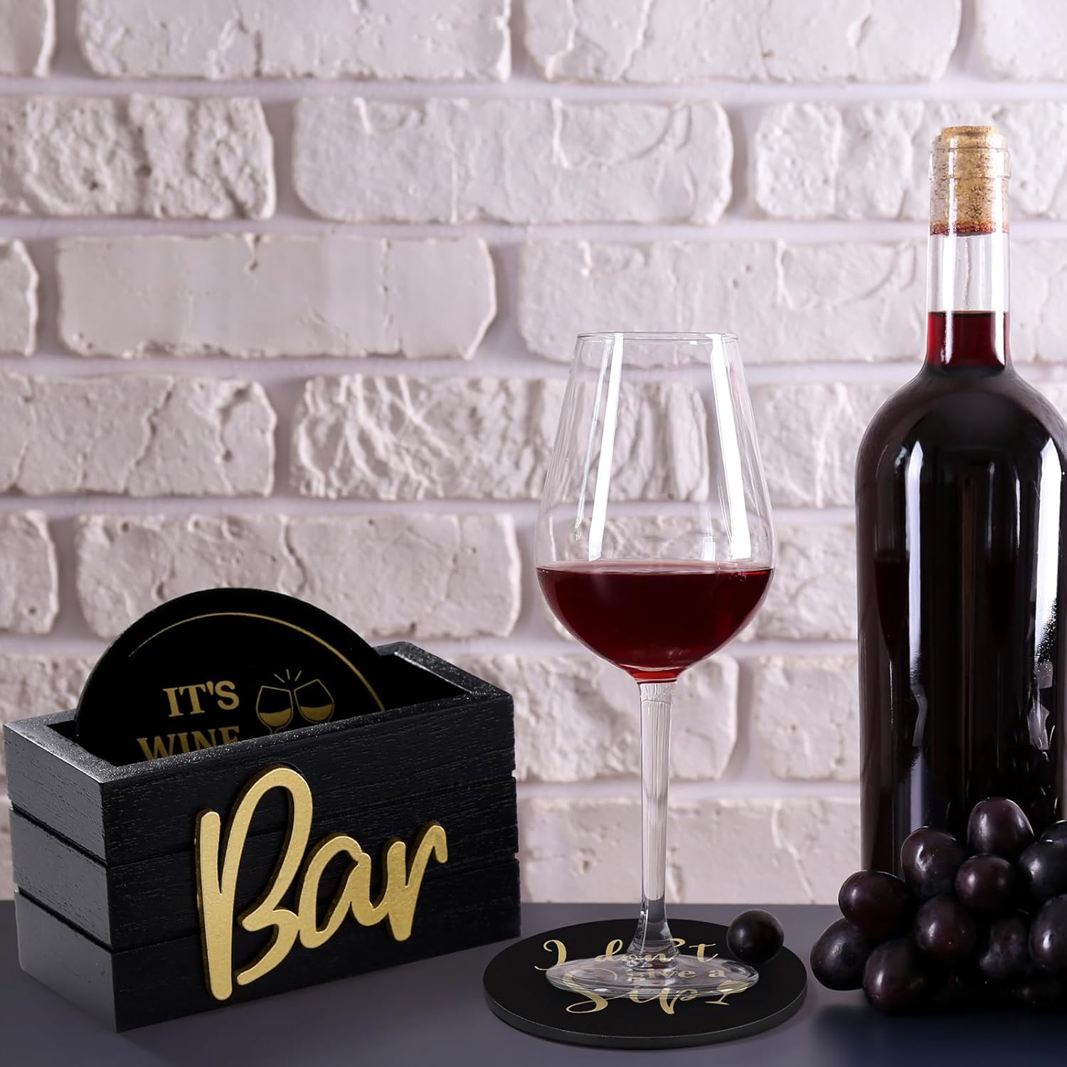 Wine Gifts Coasters for Women Set of 6 Wine Accessories for Lovers House Warming Gifts New Home Funny Cocktail Coasters with Holder for Adults Bar Party, 4 Inch(Black) - Image 5