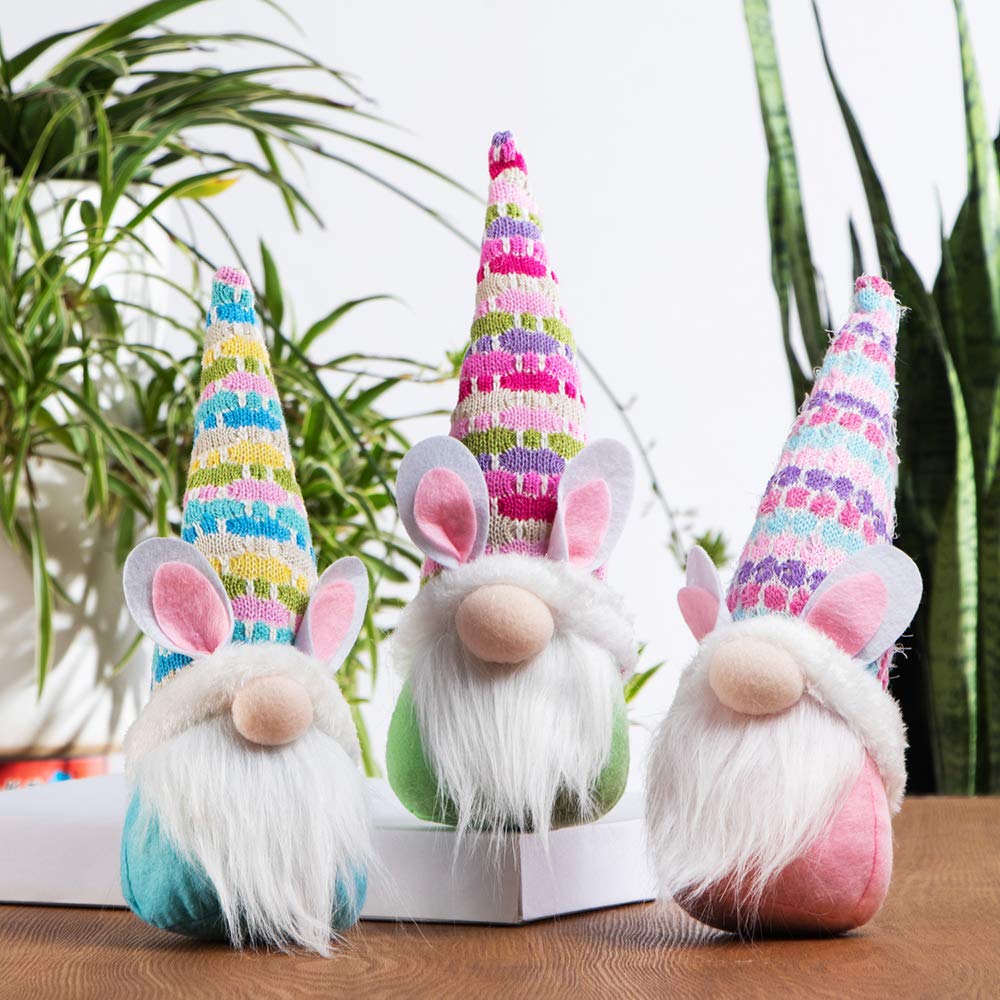 GMOEGEFT Handmade Easter Bunny Gnome, Swedish Gnome Plush Scandinavian Tomte, Spring Rabbit Holiday Decoration, Set of 3 (B)
