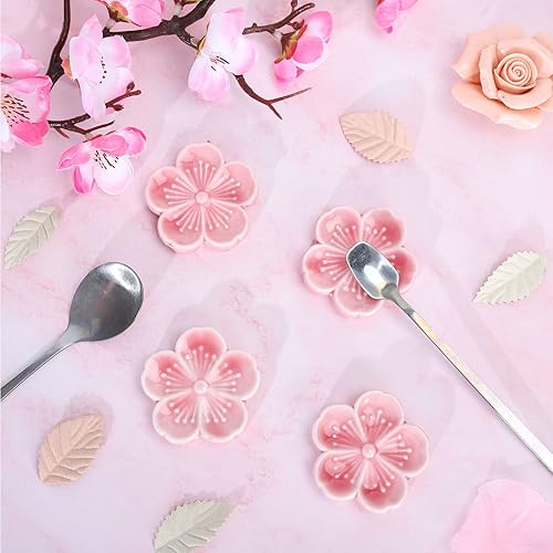 Miniatura 4 de Whaline Soporte para cucharas de café con flores, 4 piezas, soporte para cucharaditas de cerámica con flores de cerezo rosa, accesorios para