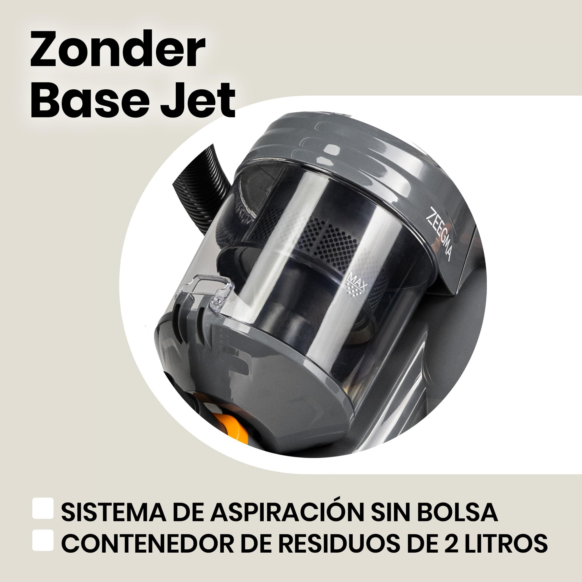 Zeegma Zonder Base Jet Aspirador sin Bolsa con Juego de Accesorios Tecnología Cyclone Potencia de Salida PowerSuction Cepillo Turbo de 899W vatios 2 contenedor de Polvo con Filtro HEPA 2L, Negro | Potencia de succión 899 W, 2 filtros HEPA lavables, recipi