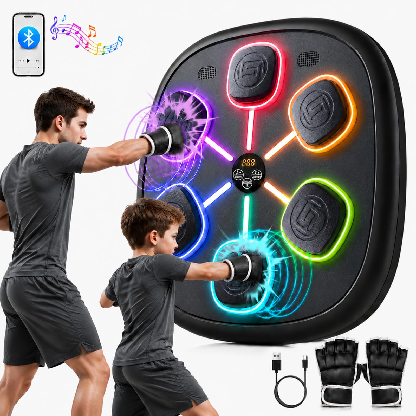 Musik Boxmaschine, Boxmaschine mit Bluetooth für Erwachsene und Kinder, | Sprachsteuerung, Boxhandschuhe enthalten,11 Trainingsmodi, 9 LED-Modi, Schlagzähler