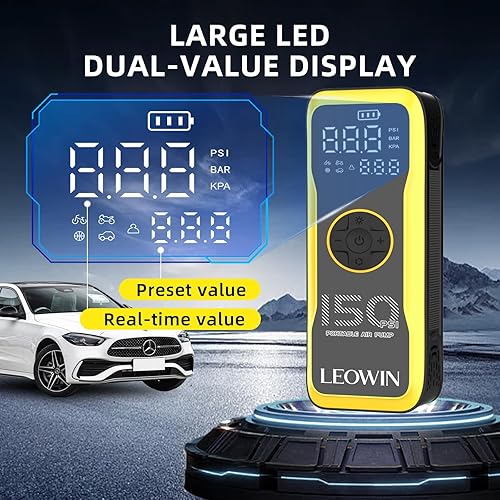 Miniatura 8 de Inflador de neumáticos, compresor de aire portátil, bomba de aire para neumáticos de automóvil con medidor digital de presión de neumáticosluz LED,