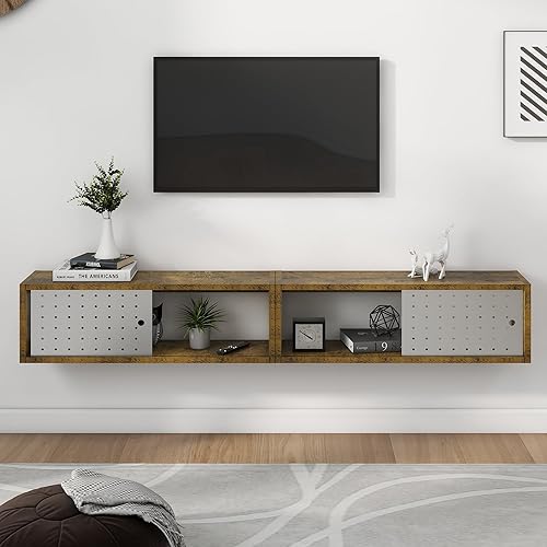 Miniatura 2 de Sonefreiy Juego de 2 armarios flotantes de 24 pulgadas, soporte flotante de madera rústica para TV, estantes de almacenamiento para montaje en