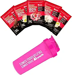 Combo - Whey Protein Concentrado 30g em Sachê (5un - Morango, banana, torta de limão, baunilha e brigadeiro) + Coqueteleira 600ml Rosa - Growth