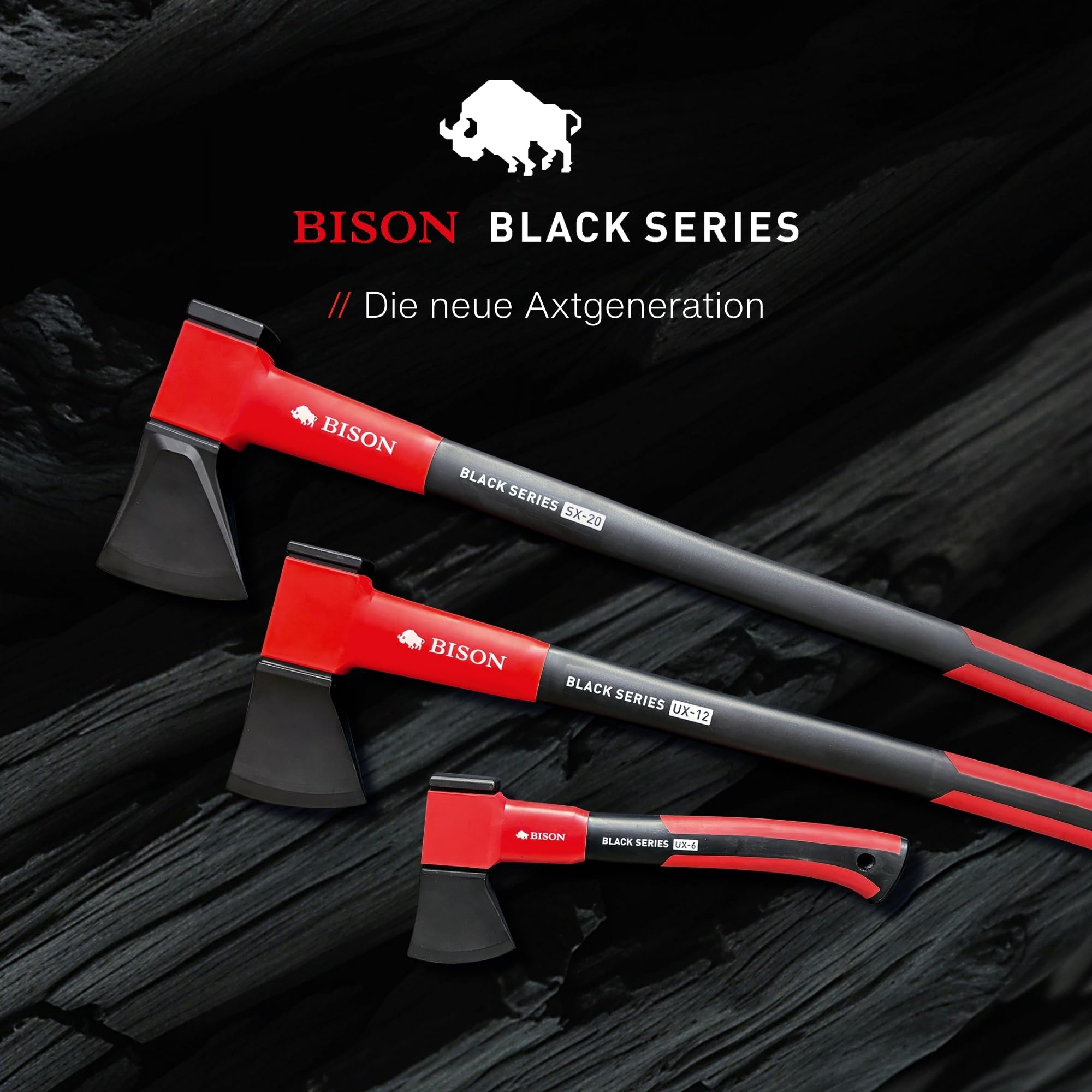 Bison Black Series UX6 Universalbeil – Kompaktes Beil mit Glasfaserstiel, kraftvoll & vielseitig, Forst-, Garten- & Campingbeil, ideal für Anmachholz & Brennholz