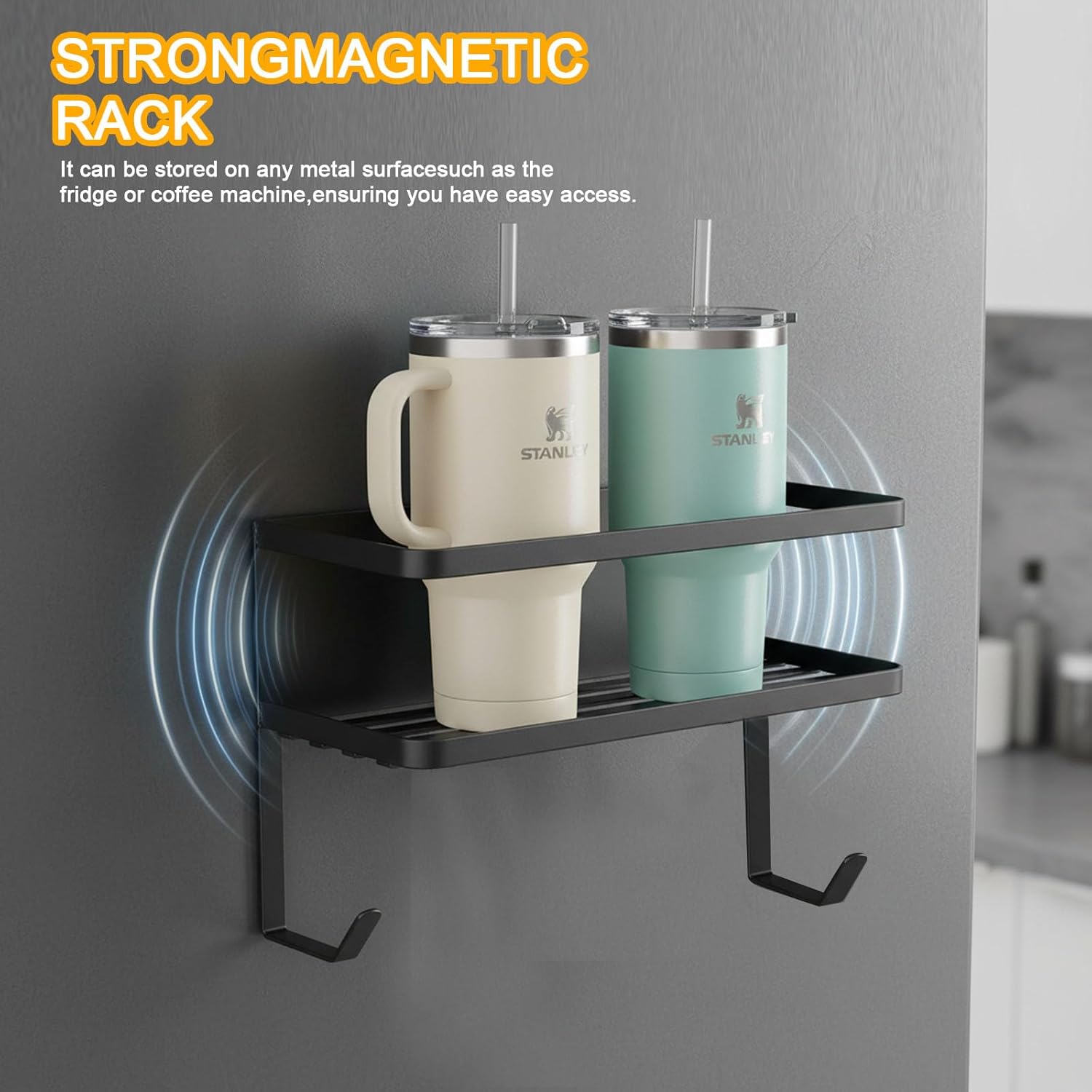 Magnetic Cup Holder for Fridge, Heavy Duty Tumbler Holder Organizer with 2 Hooks for Stanley 30/40 oz, Large Water Bottle Storage, Black - Image 2
