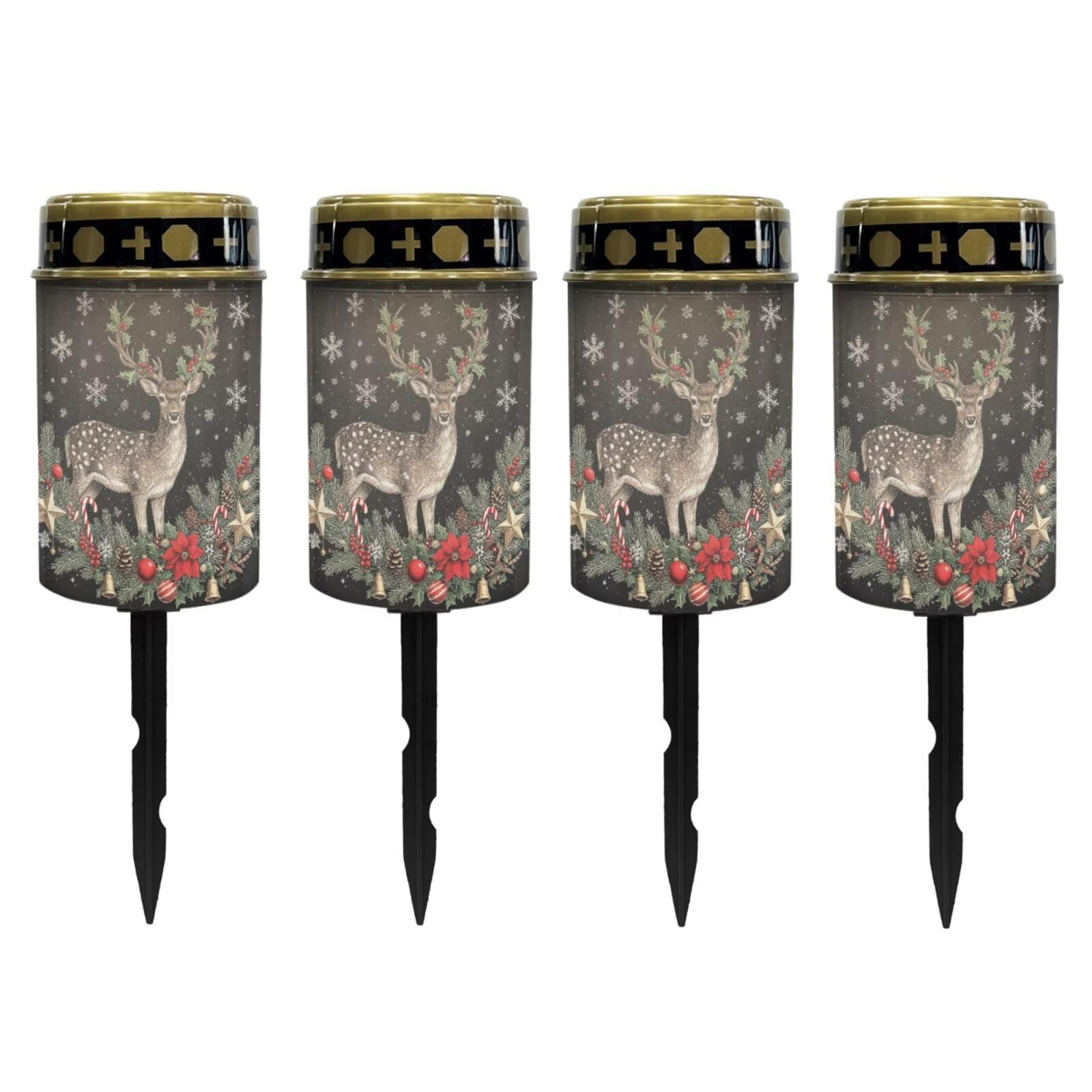 Poceacles Christmas Decor Solar Powered Flameless Candle Cemetery Votive Candles Holiday Outdoor Memorial Solar Stake Lights, Deer Christmas Poinsettia, Pack of 4