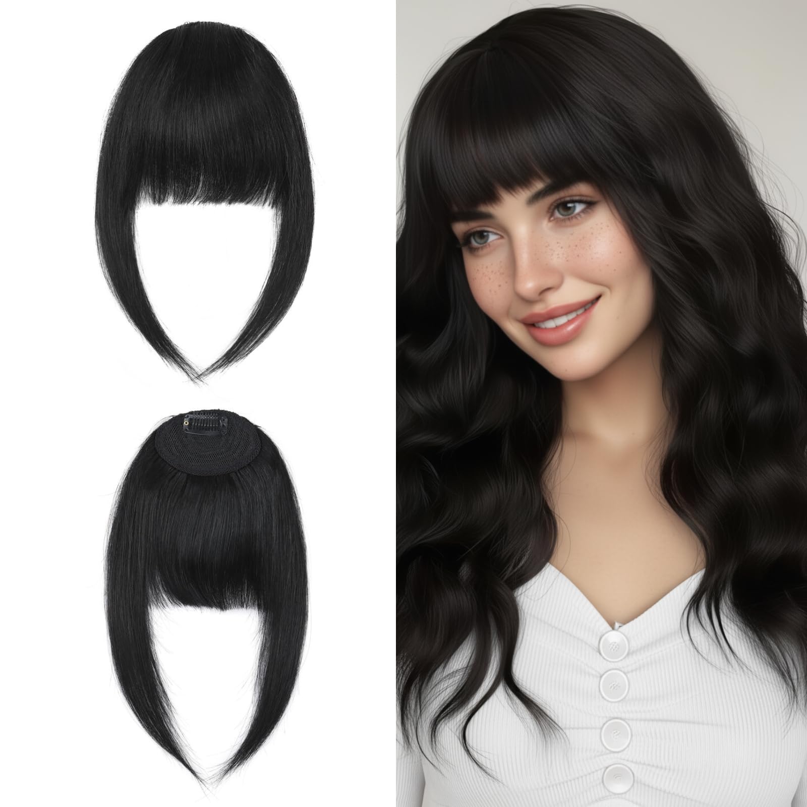 MY-LADY Bangs Hair Clip in Human Hair Extensions French Bangs with Temples Clip on Bang Fringe Hairpieces for Women #1 Jet Black