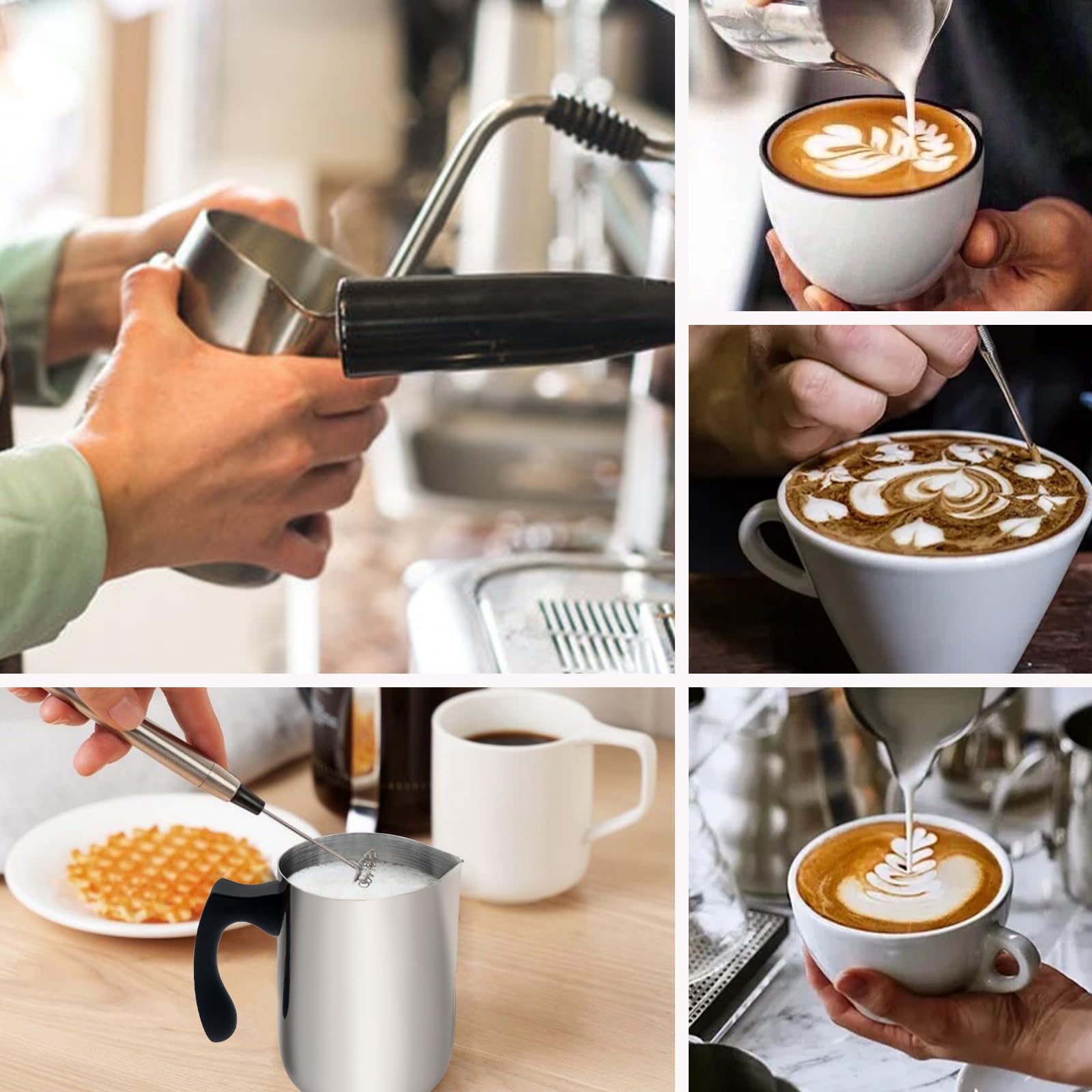 Milchaufschäumkrug, 600ml, Milchaufschäumer, 304 Edelstahl, Dampfkrug mit Kunststift, Milchkaffeekännchen mit hitzebeständigem Griff und Skala