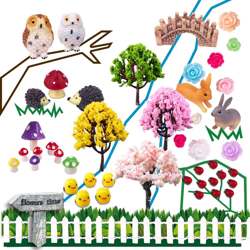 Coardor Fairy Garden Miniature Ornaments 49 in 1 kit Mushroom Hedgehog Owl Tree Bridge Rabbit Signpost Ladybug Chick Rose Fence DIY Doll house Outdoor Decor Plant Pot Home Decoration