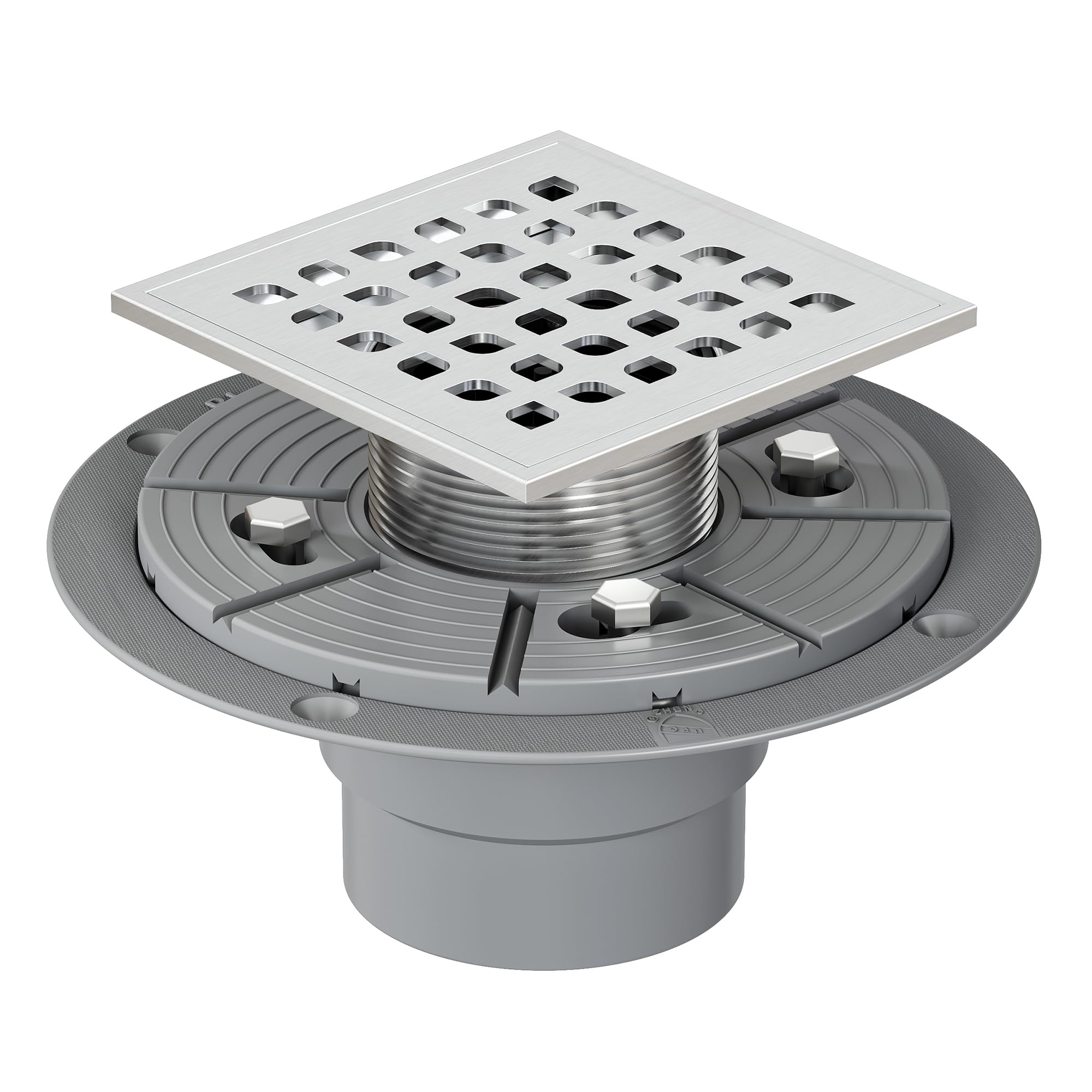 Neodrain Square Shower Drain,4 inch Stainless Steel 304 Grate and PVC Drain Body, Grate with Brushed Nickel Finish, Kit Includes Hair Trap/Strainer,Lifting Hook and PVC Drain Base