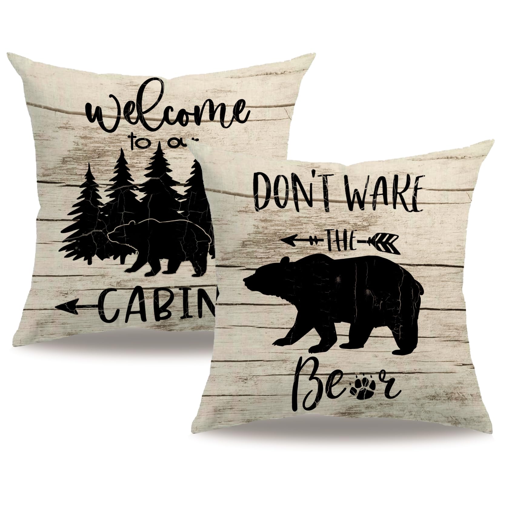 7COLORROOM 2Pack Bear Throw Pillow Cover Double-Sided Printed Don’t Wake The Bear Black Bear Wood Grain Background Cushion Covers Welcome to Our Cabin/Camper Decorative Pillowcases 18" x 18"