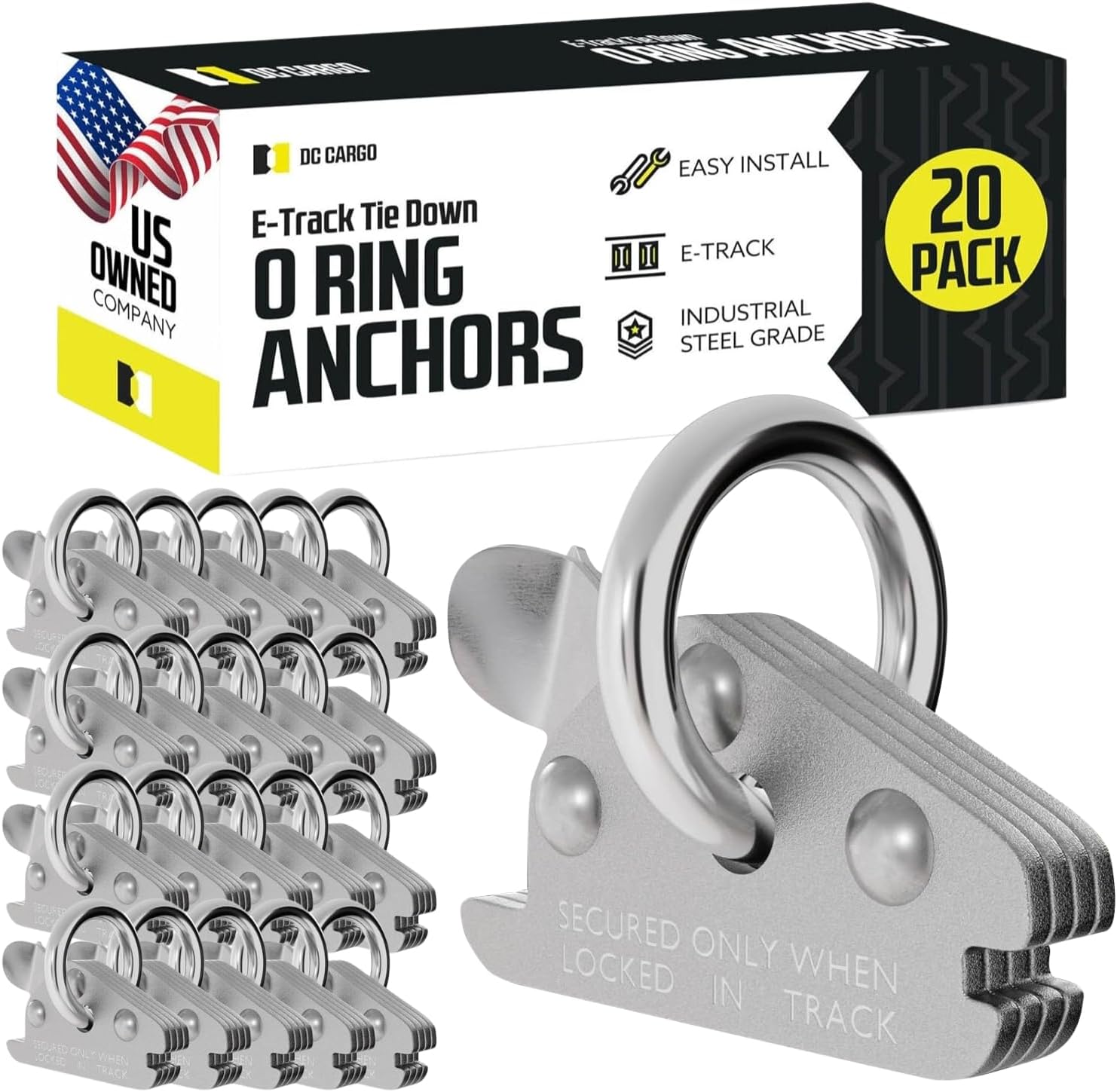 DC Cargo Mall 20 Heavy Duty E-Track O-Ring Tie-Down Anchors w/E-Track Spring Fittings, Steel O-Rings, Tie-Down Loads to E-Track Tie-Down System (Color May Vary)