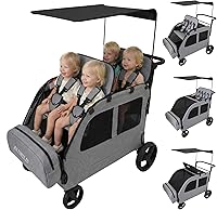 JULYSHILIU Car-Shaped 4-Seater Stroller Wagon for Kids - Foldable All-Terrain Quad with Canopy, 5-Point Harness, XL Storage (Light Grey)