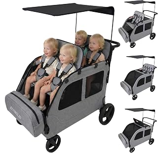 JULYSHILIU Car-Shaped 4-Seater Stroller Wagon for Kids - Foldable All-Terrain Quad with Canopy, 5-Point Harness, XL Storage (Light Grey)