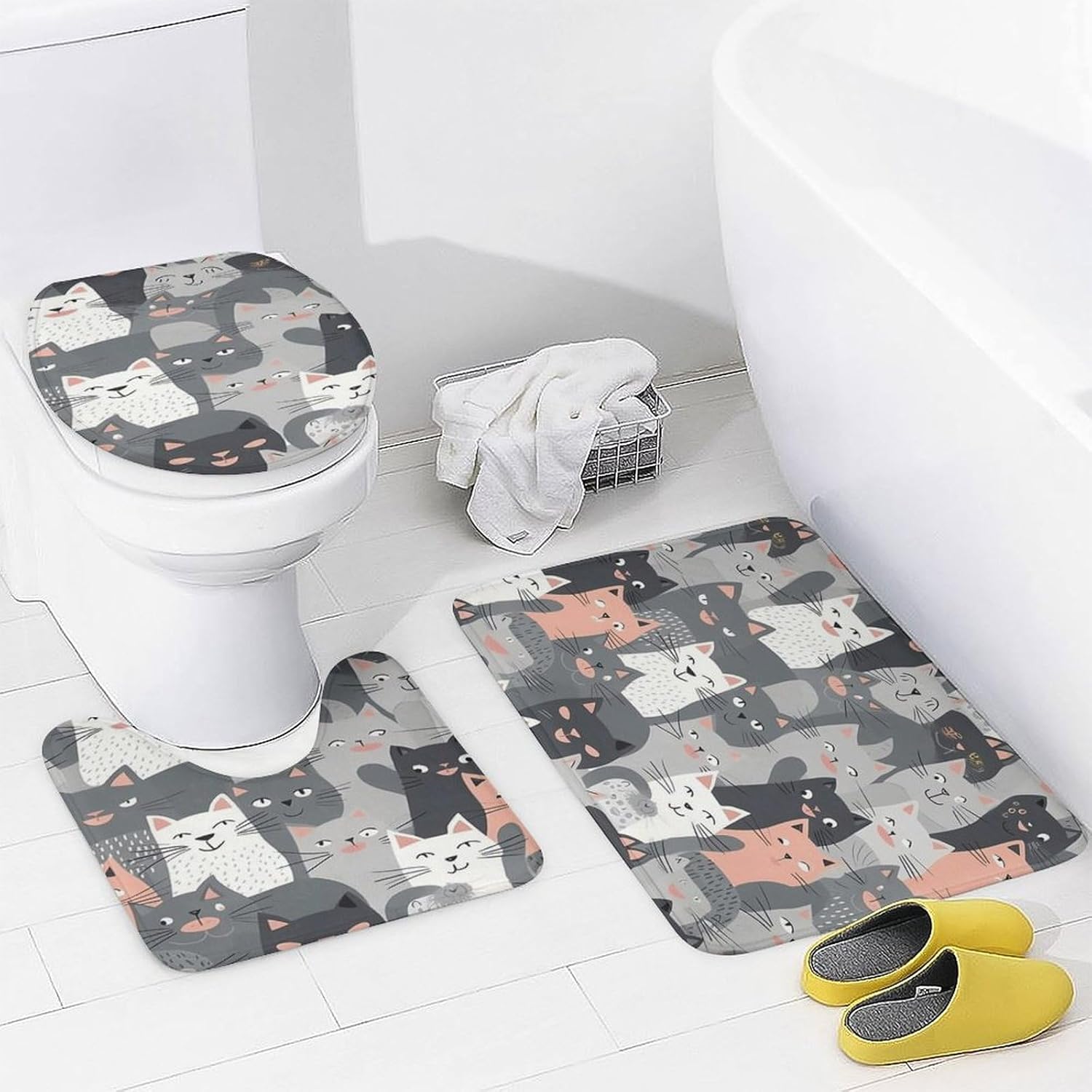 Four Piece Bathroom Set with Toilet Lid Cover and Non-Slip Rugs Minimalist Shower Curtain for Bathroom Set