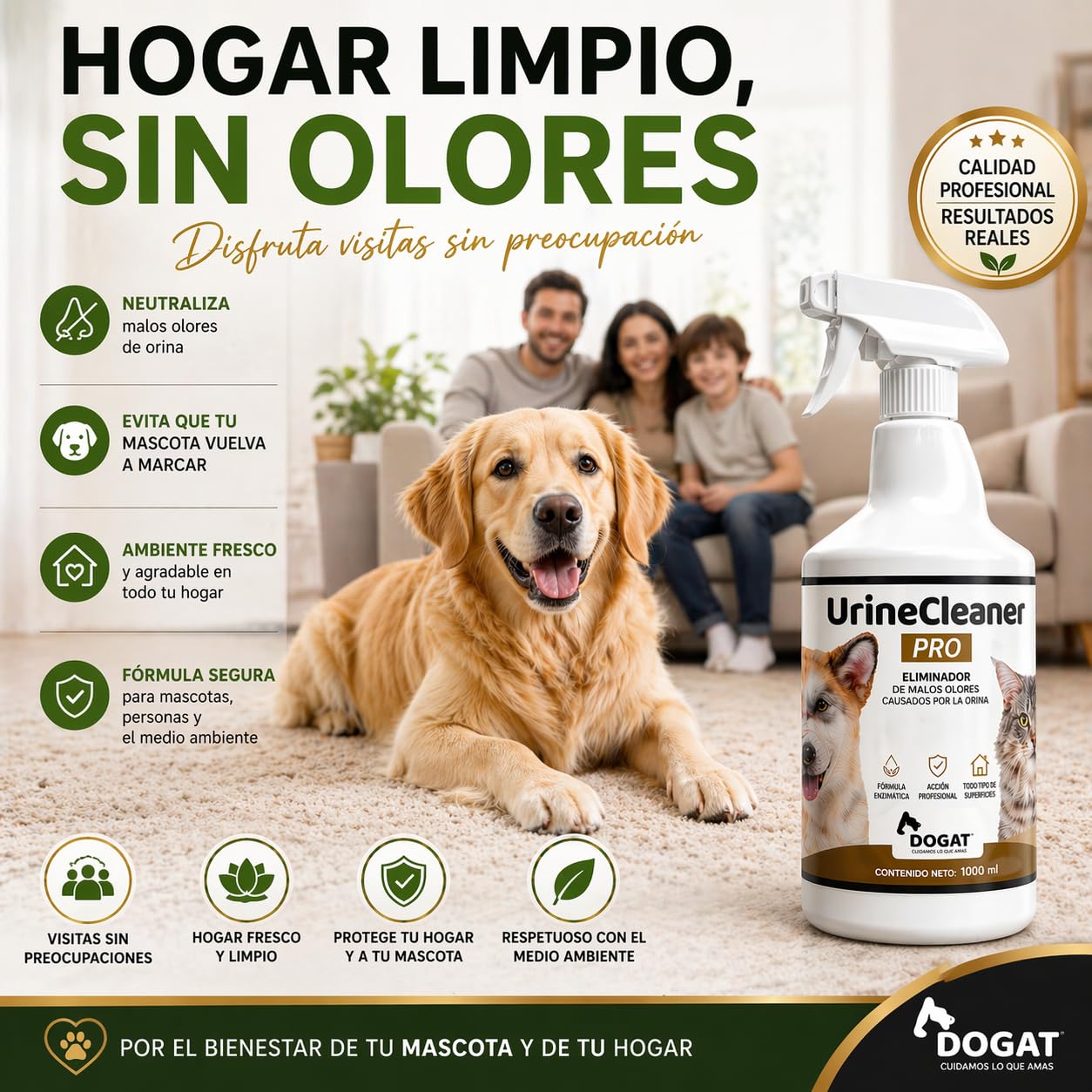 Eliminador Olor Orina Perro y Gato 1000 ml | Neutralizador Profesional de Malos Olores de Mascotas | Spray Limpiador Enzimático para Sofá, Suelo, Alfombra, Terraza y Césped Artificial