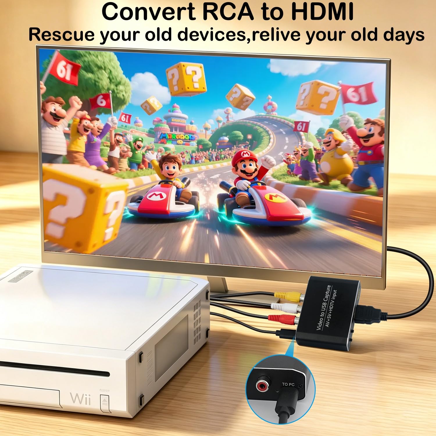 Convertitore da VHS a digitale e adattatore da RCA a HDMI, scheda di acquisizione audio video USB 1080P con loop out HDMI, RCA, S-Video, AV a USB-C per VCR, DVD, Hi8, PS2, Wii, Video8, Video8