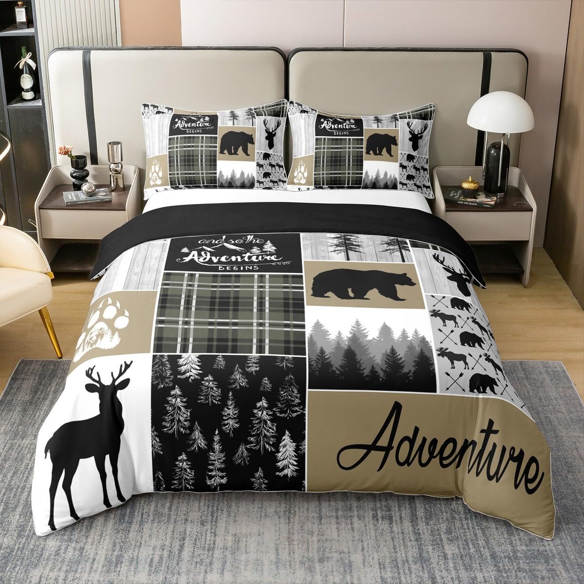 Erosebridal Rustic Cabin 100% Cotton Duvet Cover Queen Size For Boys Farmhouse Country Bear Moose Bedding Set Vintage Bear Deer Comforter Cover Hunting Camping Adventure Bedclothes With 2 Pillow Cases