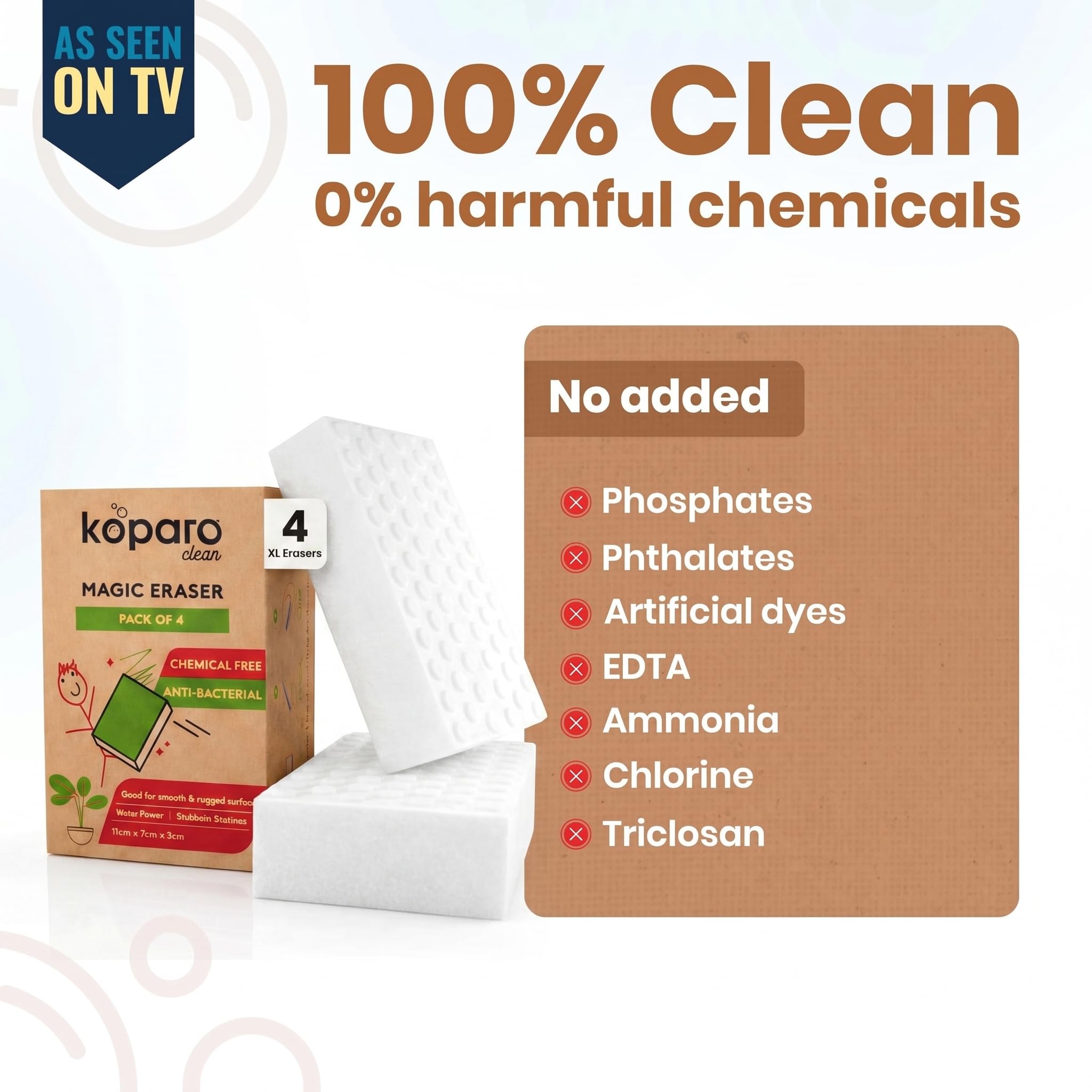 Koparo Magic Eraser Sponge for Wall Cleaning | Pack of 4 | Chemical Free Multi Purpose Wipe for Walls, Kitchen, Bathroom, Shoes & Switch Boards | Removes Tough Stains | Just Add Water