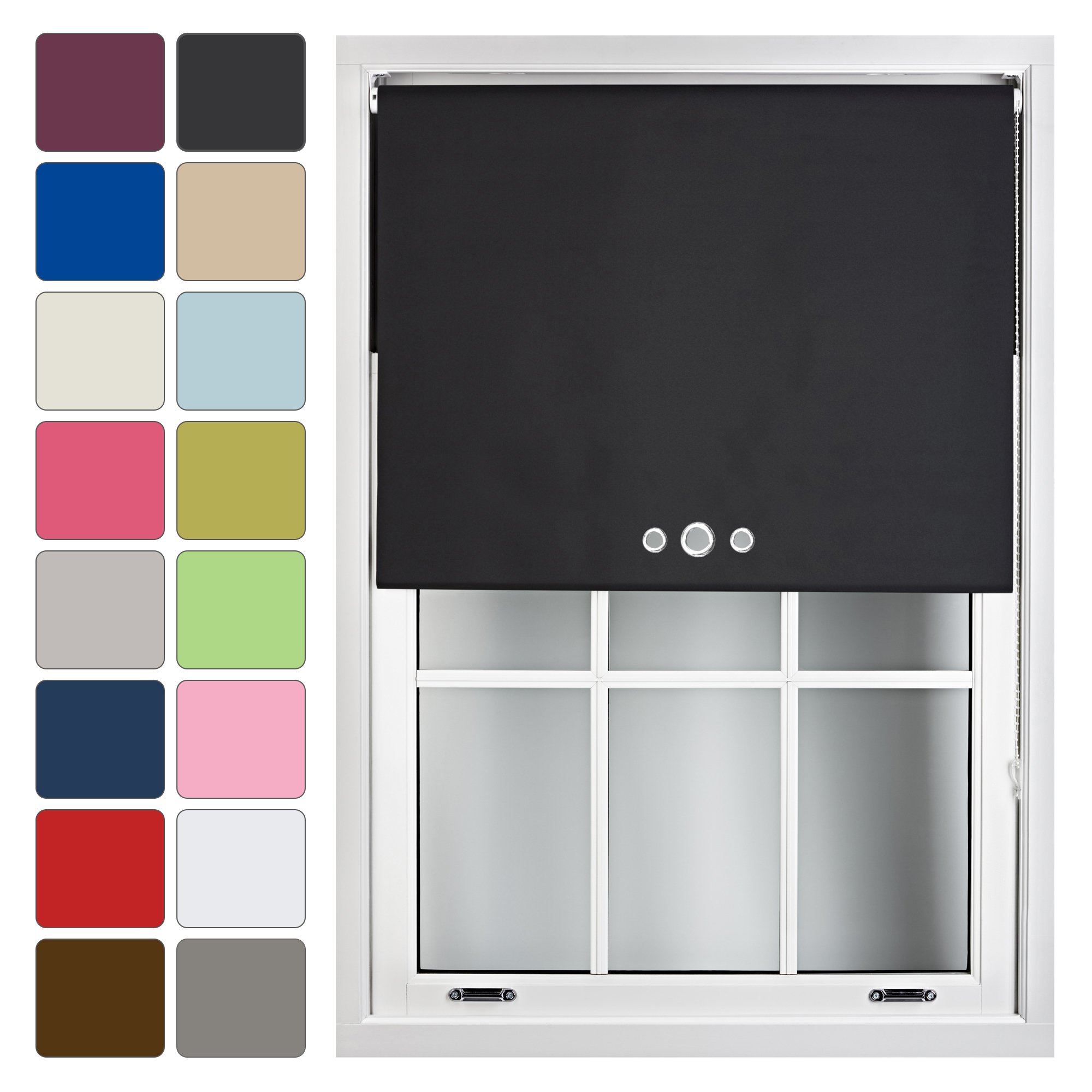 FURNISHED Blackout Roller Blind with Triple Eyelets Made to Measure, Black, 180W x 165H cm
