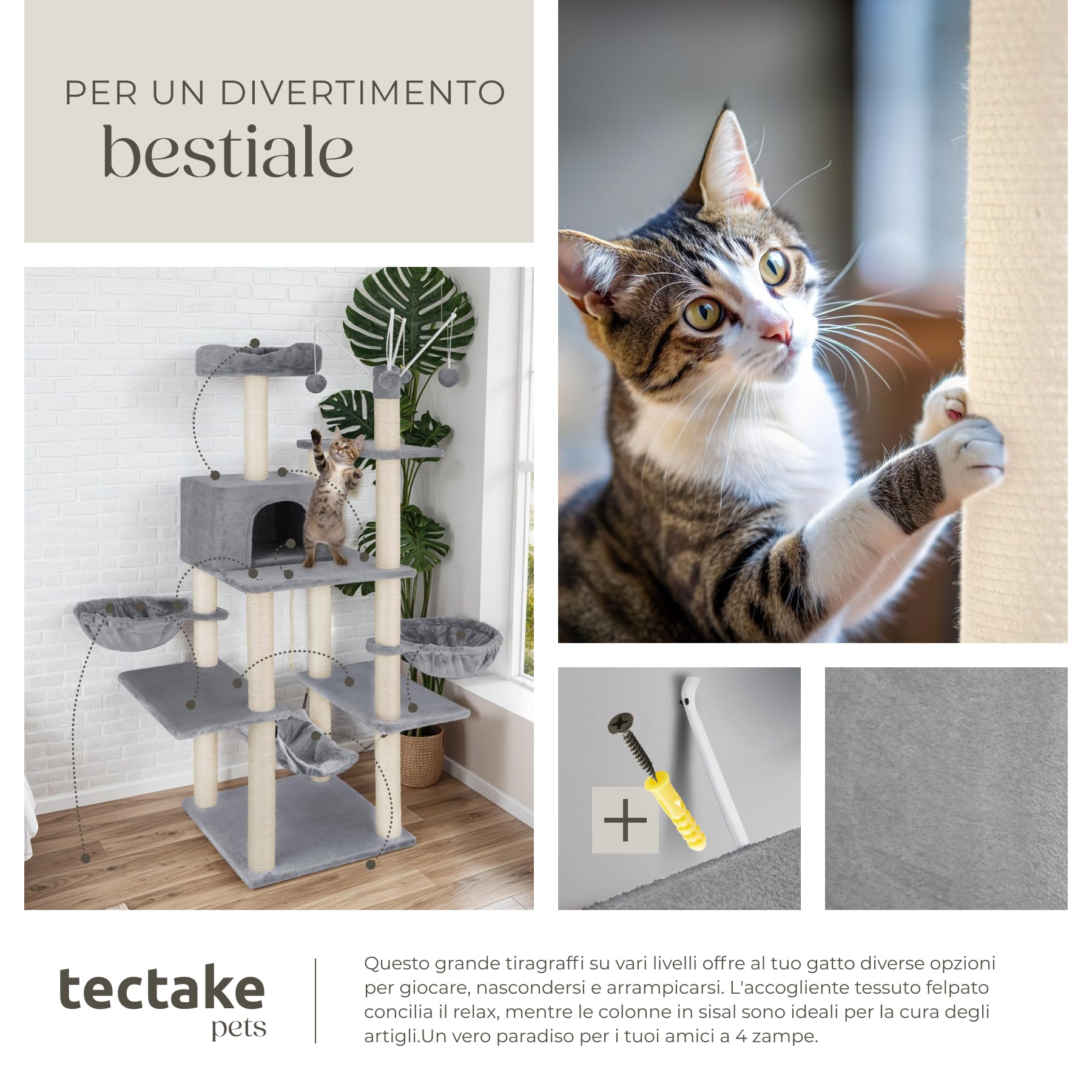 tectake® Albero Tiragraffi per Gatti con Colonne in Sisal, Tiragraffi Gatto con Cuccette e Comoda Casetta, Tiragraffi con Piattaforma Panoramica, Rivestimento in Morbido Peluche - Grigio