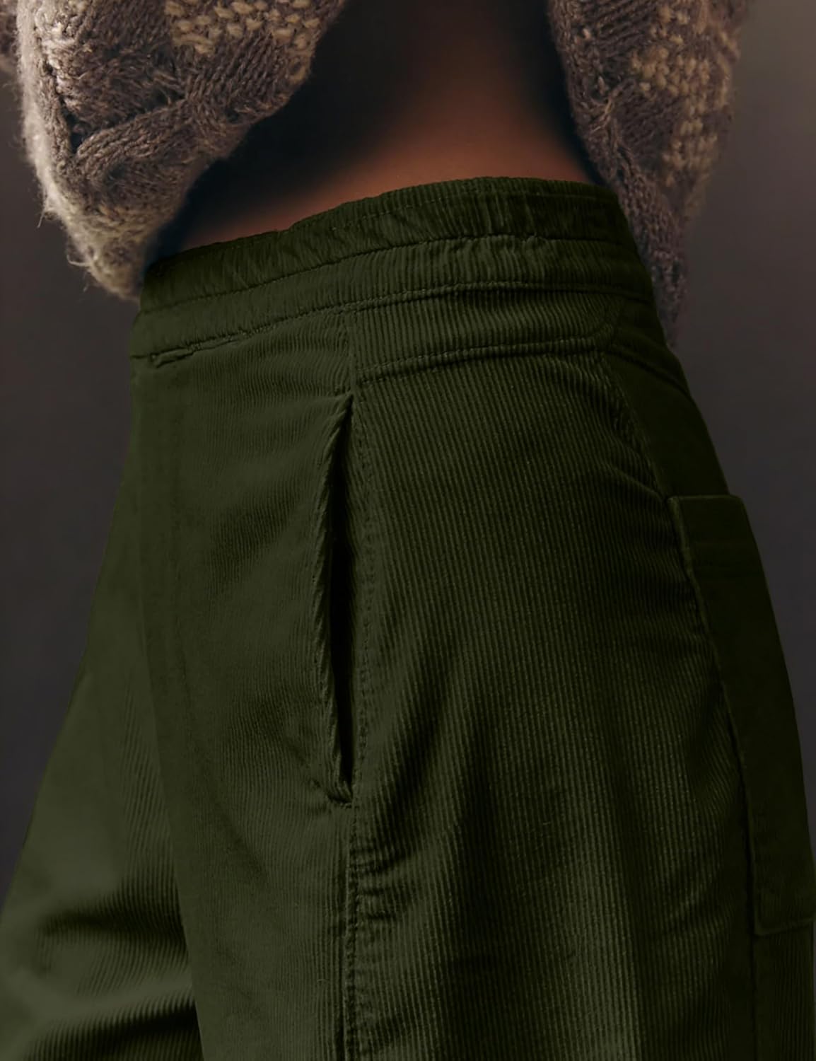 Womens Barrel Corduroy Pants Slim Fit Pull On Solid High Rise Elastic Waist Trousers with Pockets - Image 5