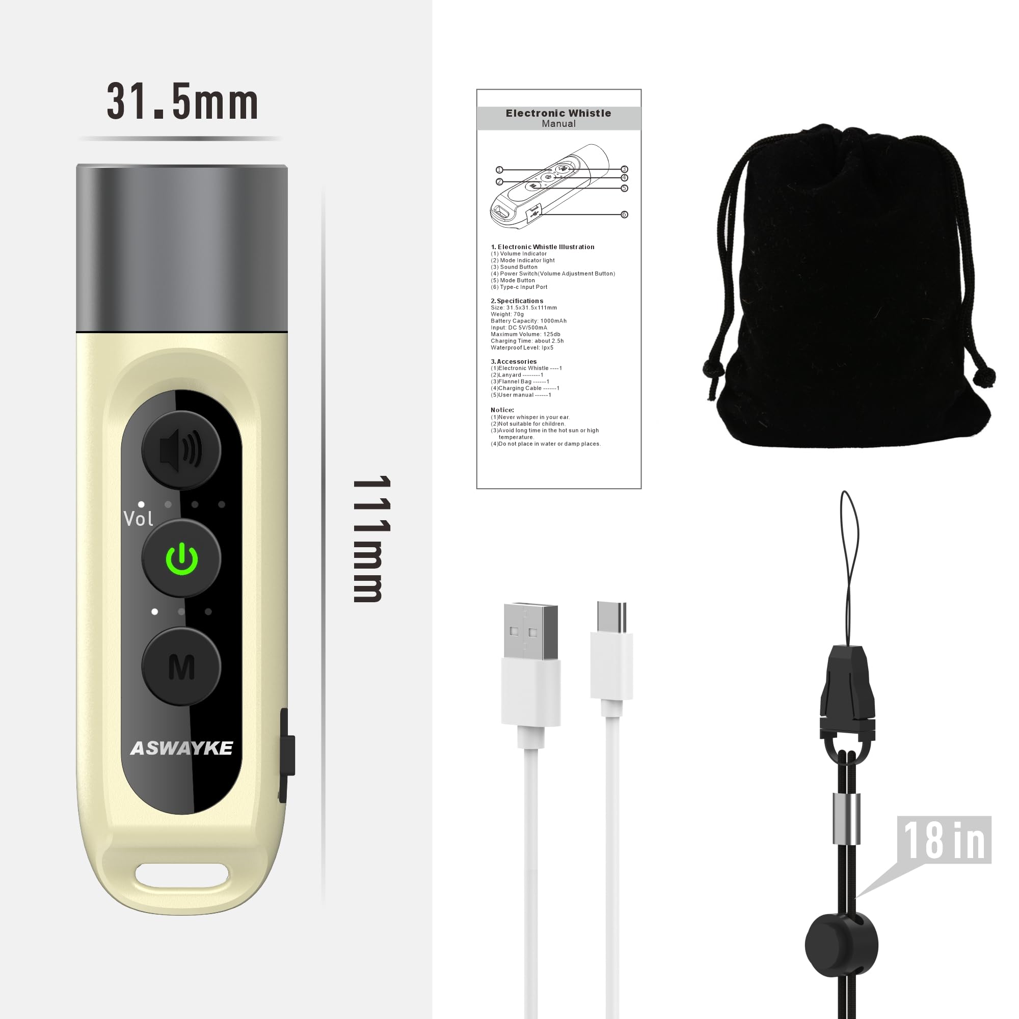 Sifflet électronique ASWAYKE IPX5 – 125 DB, Batterie 1000 MAh, Recharge USB-C, 3 Sons, 4 Niveaux De Volume
