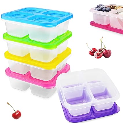 SKPPC Set of 5 Reusable Bento Snack Food Containers, 4 Compartments Leakproof Food Prep Containers for Travel, School and Work