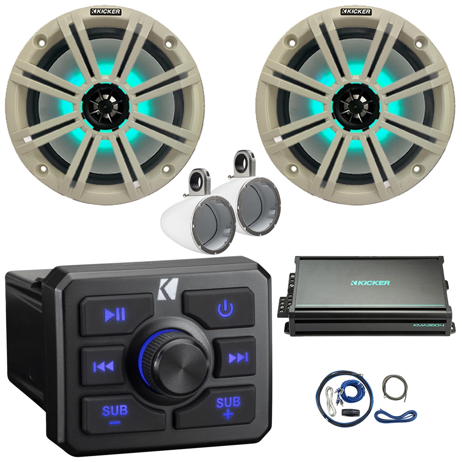 KICKER 51KBTR Marine Bluetooth Powersport USB/AUX Sub RCA Outputs Receiver, 2X 8 300W Max Power RGB LED Boat Audio Speakers W/2x Grille, 2X Speaker Enclosures, 4-Channel Full-Range Amplifier W/Kit