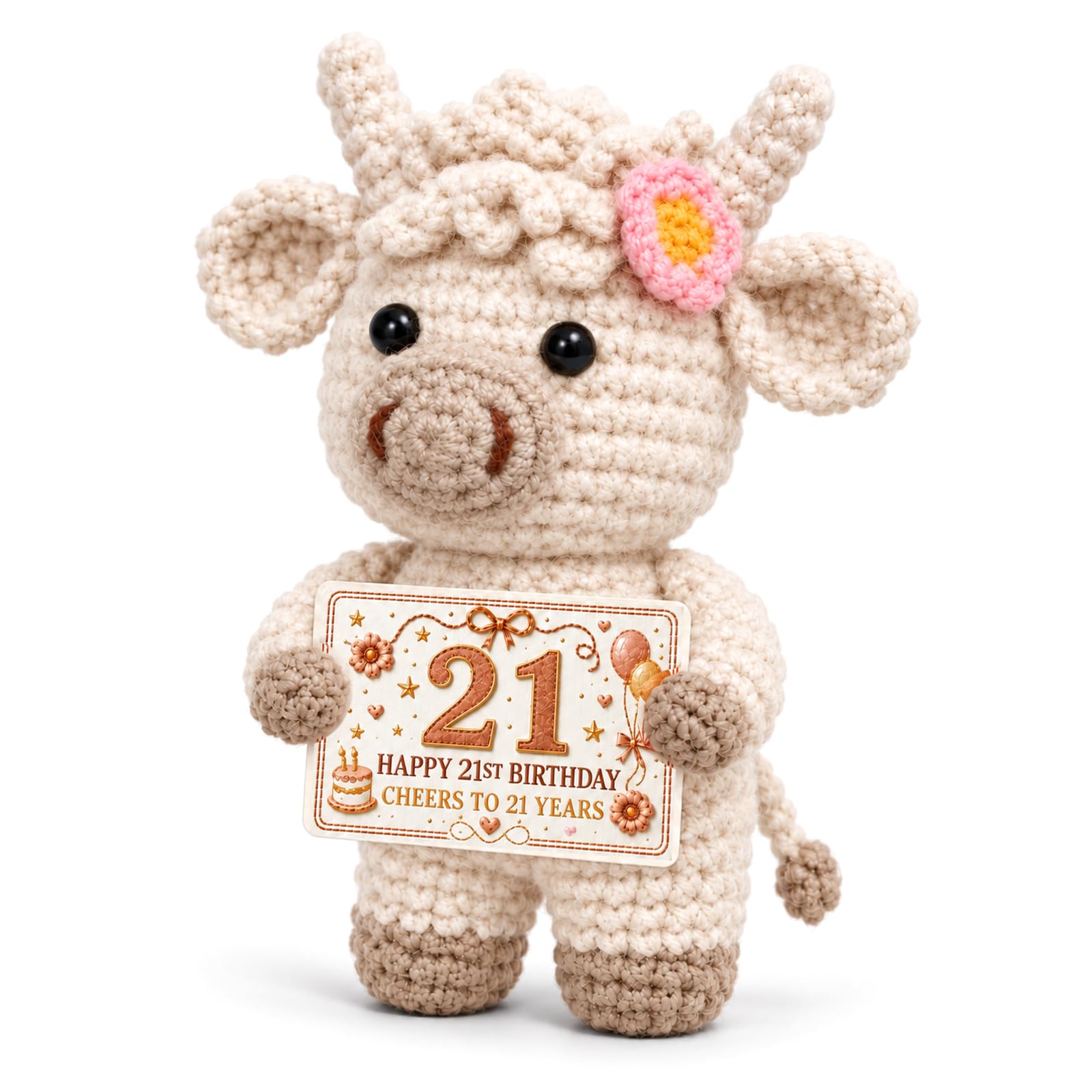 21st Birthday Gift for Her, Crochet Highland Cow Keepsake with Plaque