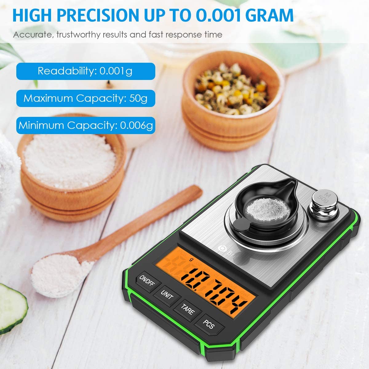 Brifit Bilancia micrometrica 0,001 g, 50 g / 0,001 g Bilancia Digitale con Display LCD, Scala delle Monete, Bilancia dei Gioielli con Peso di calibrazione di 50 g, pinzette e Ciotola di pesata -Verde