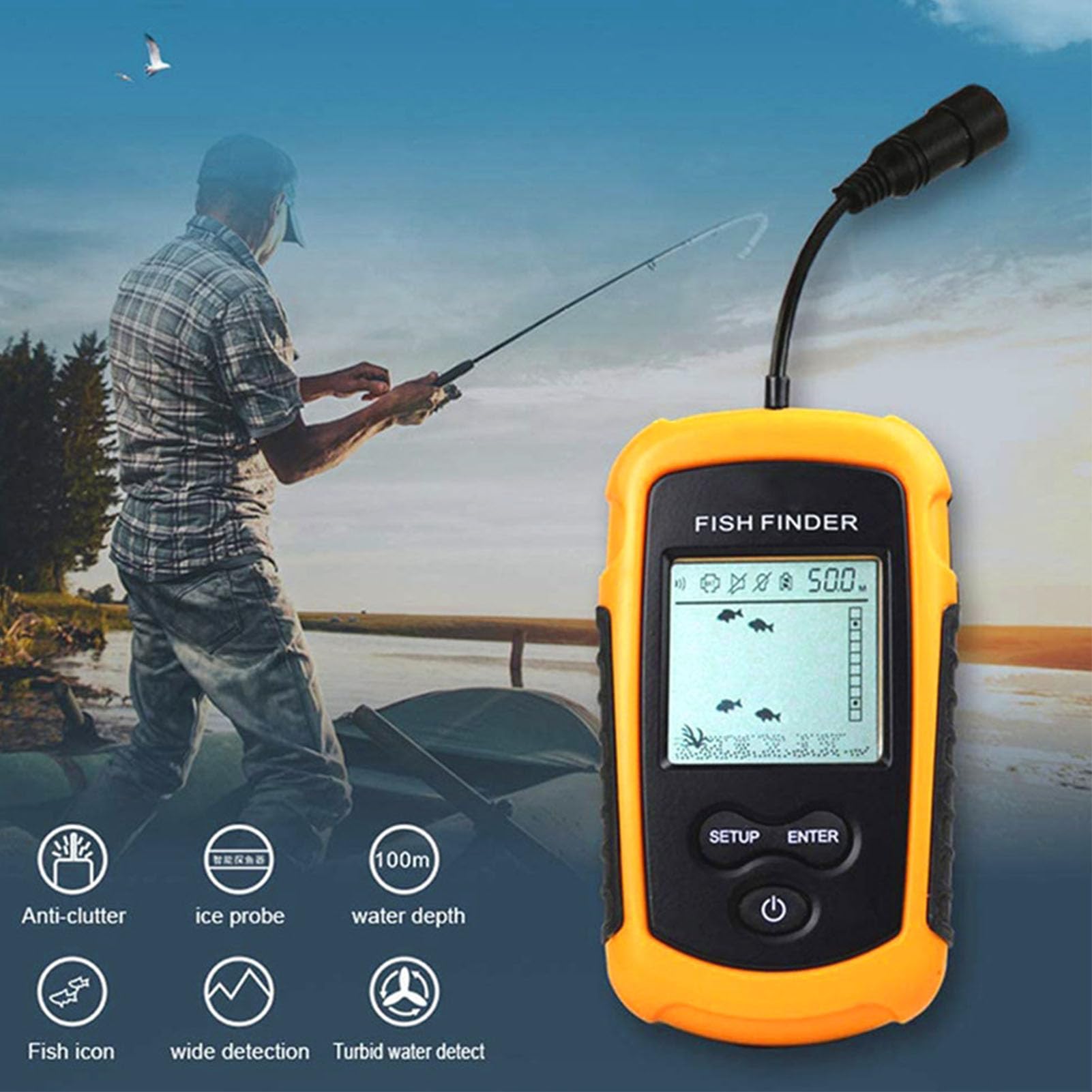 Ręczna Echosonda, Sonar o Częstotliwości 200 KHz, Przenośna Echosonda do Kajaka Wędkarskiego, z Głębokościomierzem, Jasnozielony Ekran, Podświetlany Wyświetlacz LCD