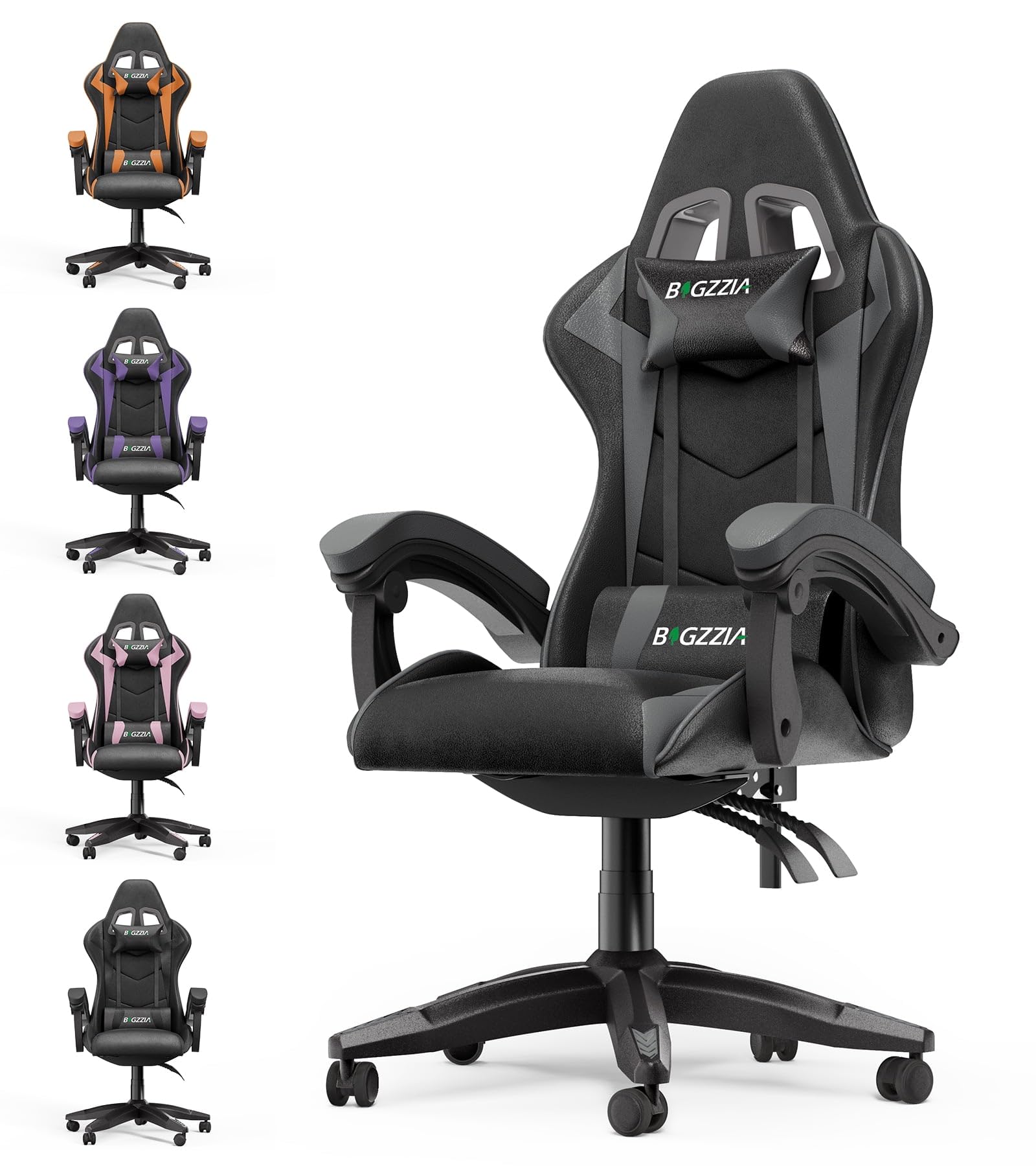 bigzzia Ergonomic Gaming Chair - Gamer Chairs with Lumbar Cushion + Headrest, Height-Adjustable Office & Computer Chair for Adults (without footrest, Grey)