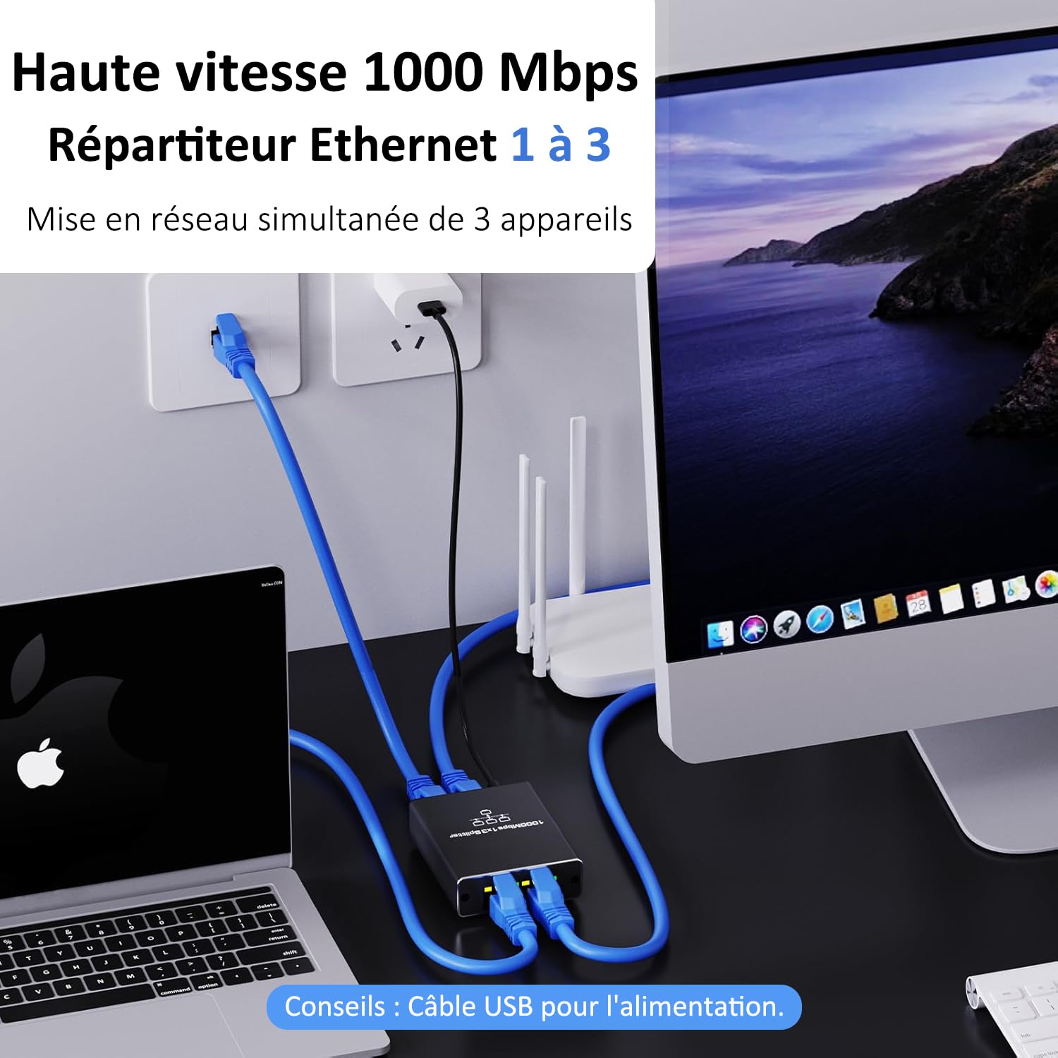 Répartiteur Ethernet Gigabit 1 Vers 3 Ports RJ45 1000 Mbps - Switch LAN Ultra Rapide Plug & Play