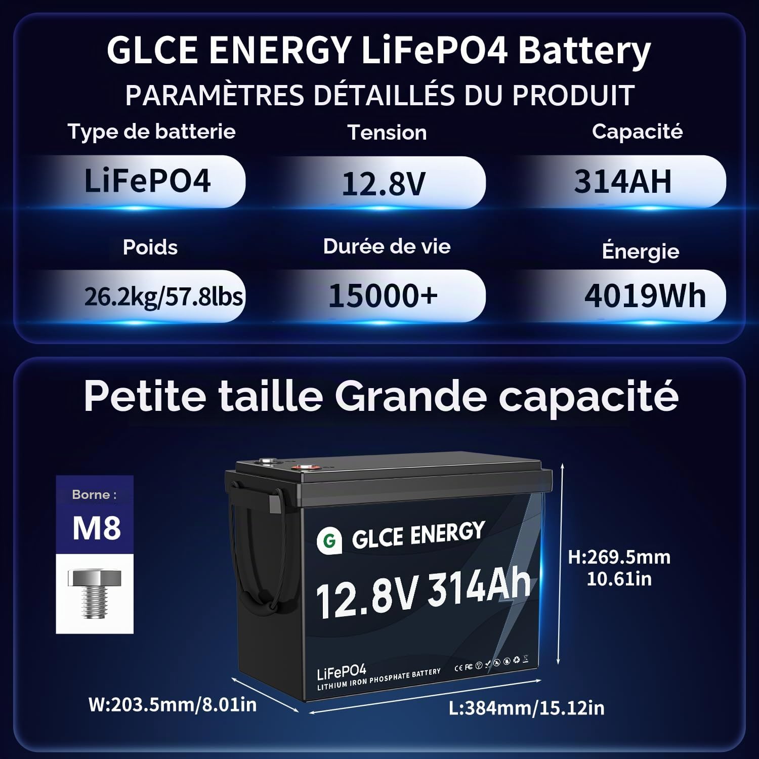 Batterie 12V 300Ah LiFePO4, 3840Wh Batterie au Lithium avec des cellules de qualité A et 200A BMS, 4000~15000 Cycles, Support série/parallèle, Parfait pour l'énergie Solaire