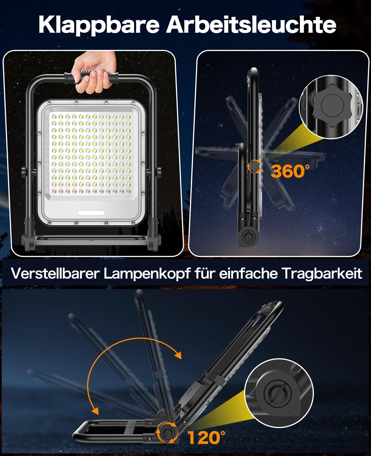 Led Baustrahler Akku 4 Modi Arbeitsleuchte 18000LM 15000mAh USB-Wiederaufladbar mit 132*COB-Chips, IP65 Wasserdicht Led Strahler, Campinglampe Tragbar für Werkstatt oder Baustelle, Garage