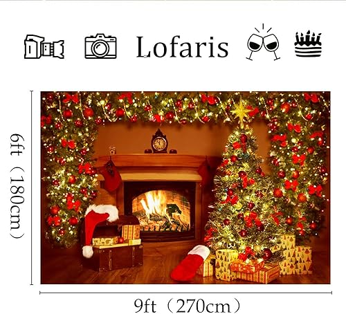 Miniatura 5 de Lofaris Telón de fondo de chimenea de Navidad de 9 x 6 pies, diseño vintage, medias de árbol de Navidad, fuego brillante, fotografía, fondo,