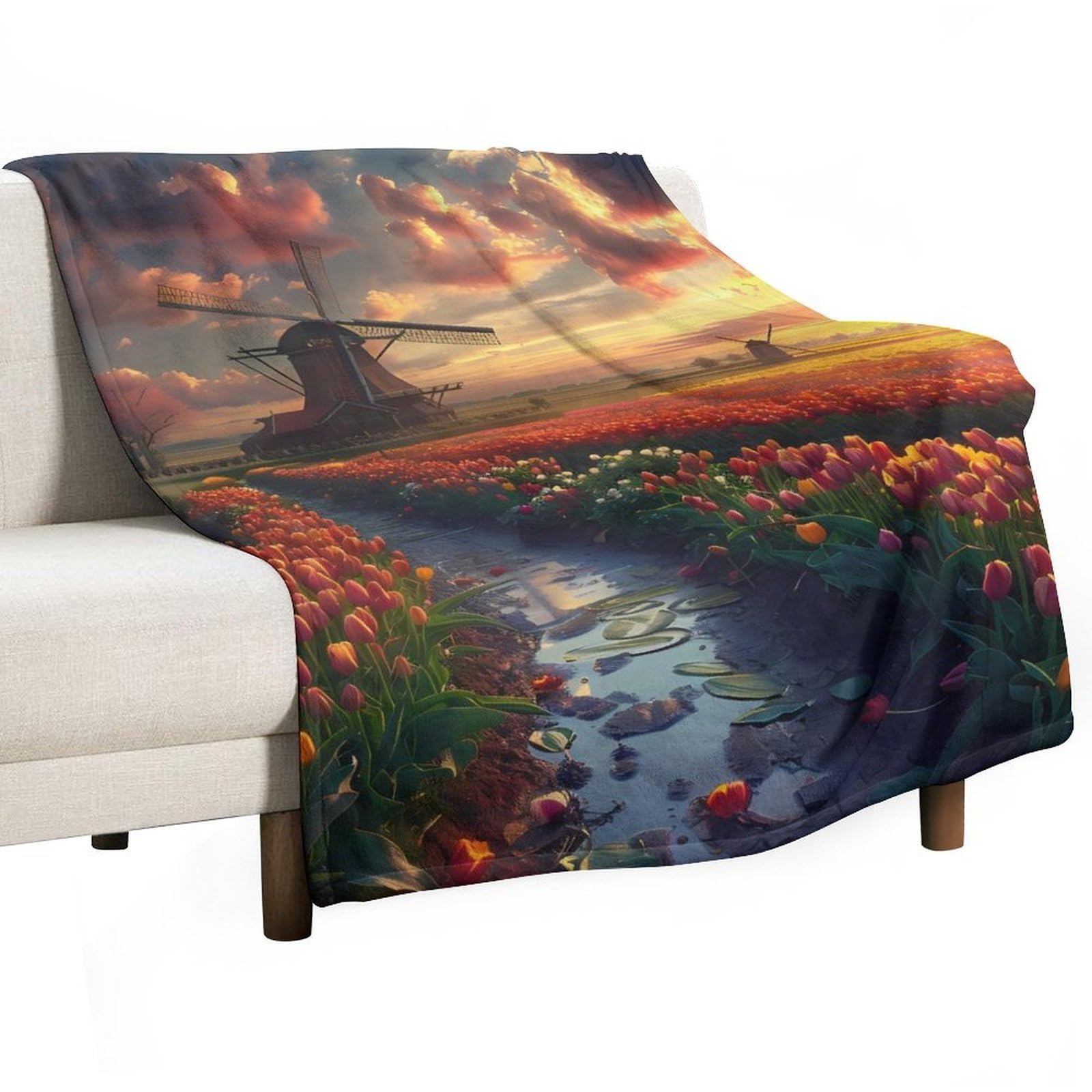 Cgsbngha Style Vibrant Tulips Field With Dutch Windmills Flannel Fleece Blanket Lightweight Soft Throw Blankets For Sofa Couch Bed Chair