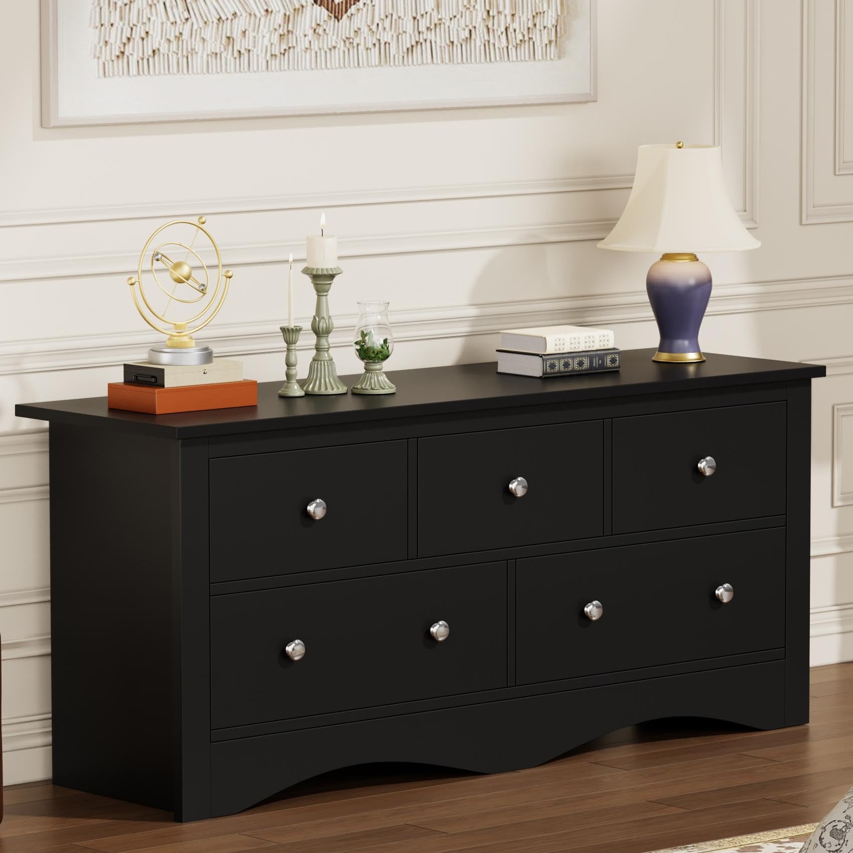 YESHOMY Dresser for Bedroom, 5 Drawer Dressers, Modern TV Stand for 65 inch,Wide Storage Cabinet, for Cloest, Hallway, Dressing Room, Black