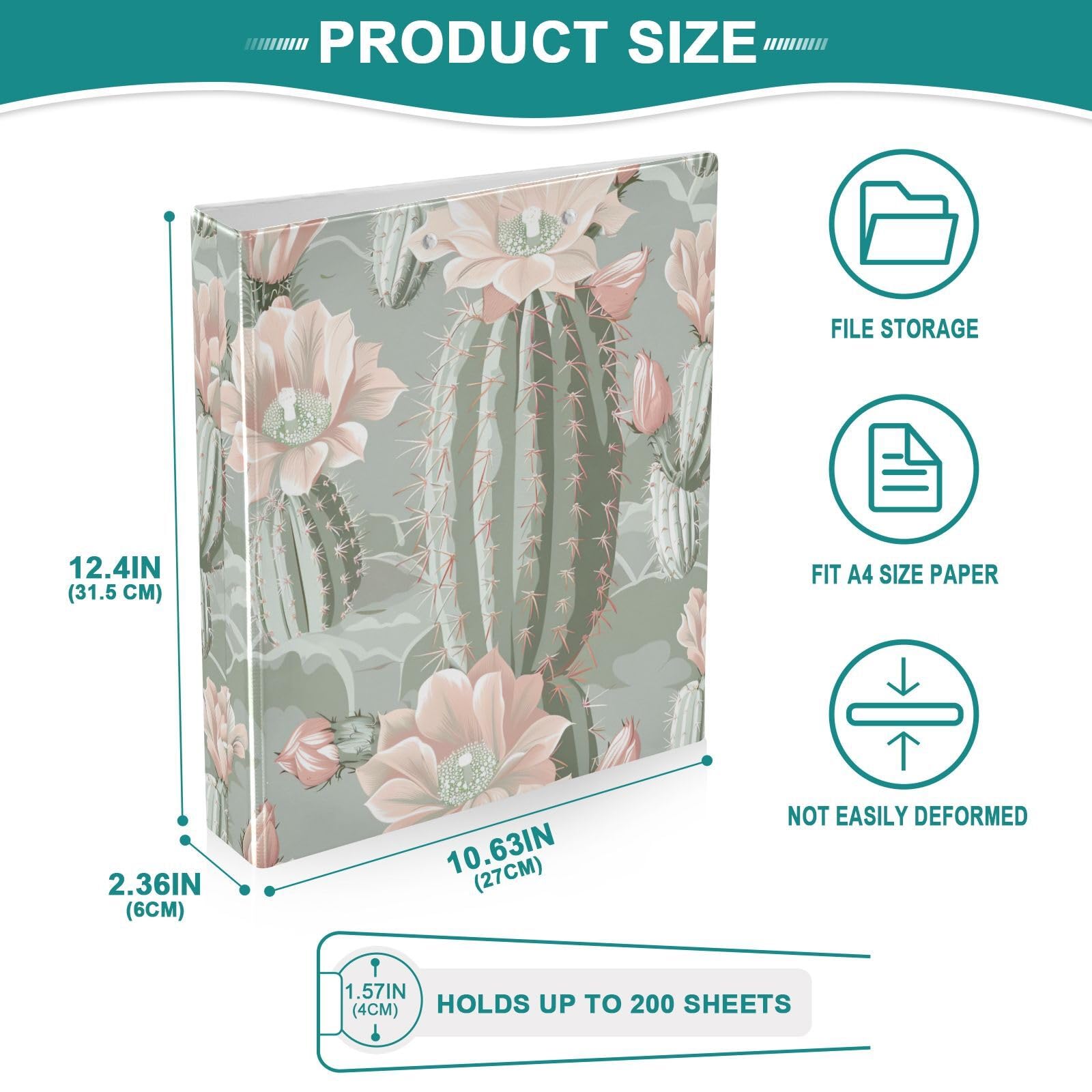 Raccoglitori a 3 anelli da 3,8 cm, con fiore di cactus, decorativi, rotondi, con clip in metallo, organizer per casa e ufficio, confezione da 2