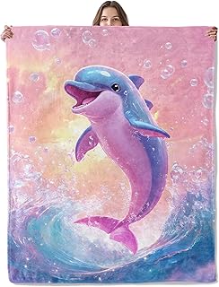 Cute Cartoon Dolphin Blanket, Lightweight Comfy Pink Sunset Waves Blankets for Couch Sofa Bedroom, Soft Plush Travel Flannel Throw Blanket Gifts for Adults Women Kids, Home Decor 60×50in