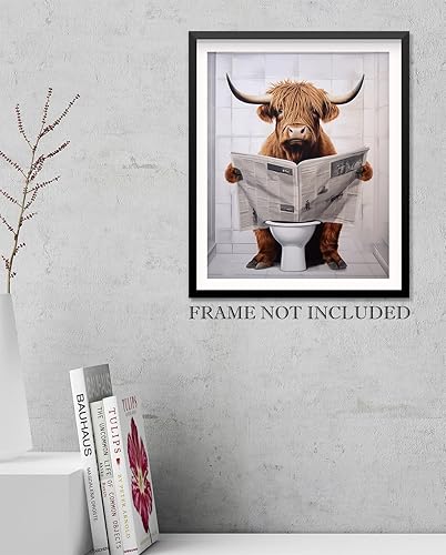 Miniatura 7 de Divertido periódico de lectura de vaca de las tierras altas sentado en el inodoro, 11 x 14 pulgadas, sin marco, impresión artística de pared sin
