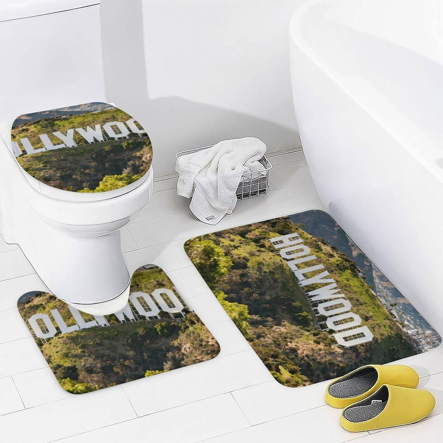 4 Piece Bathroom Rug Set with Shower Curtain, Non-Slip Bath Mat Toilet Cover Set, Hollywood Icon Bathroom Rug Sets