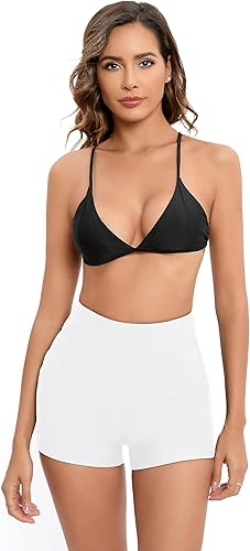 Vista 4 de HYTENSUN Pantalones cortos de natación de cintura alta con corte en V para mujer, pantalones cortos fruncidos con lazo lateral