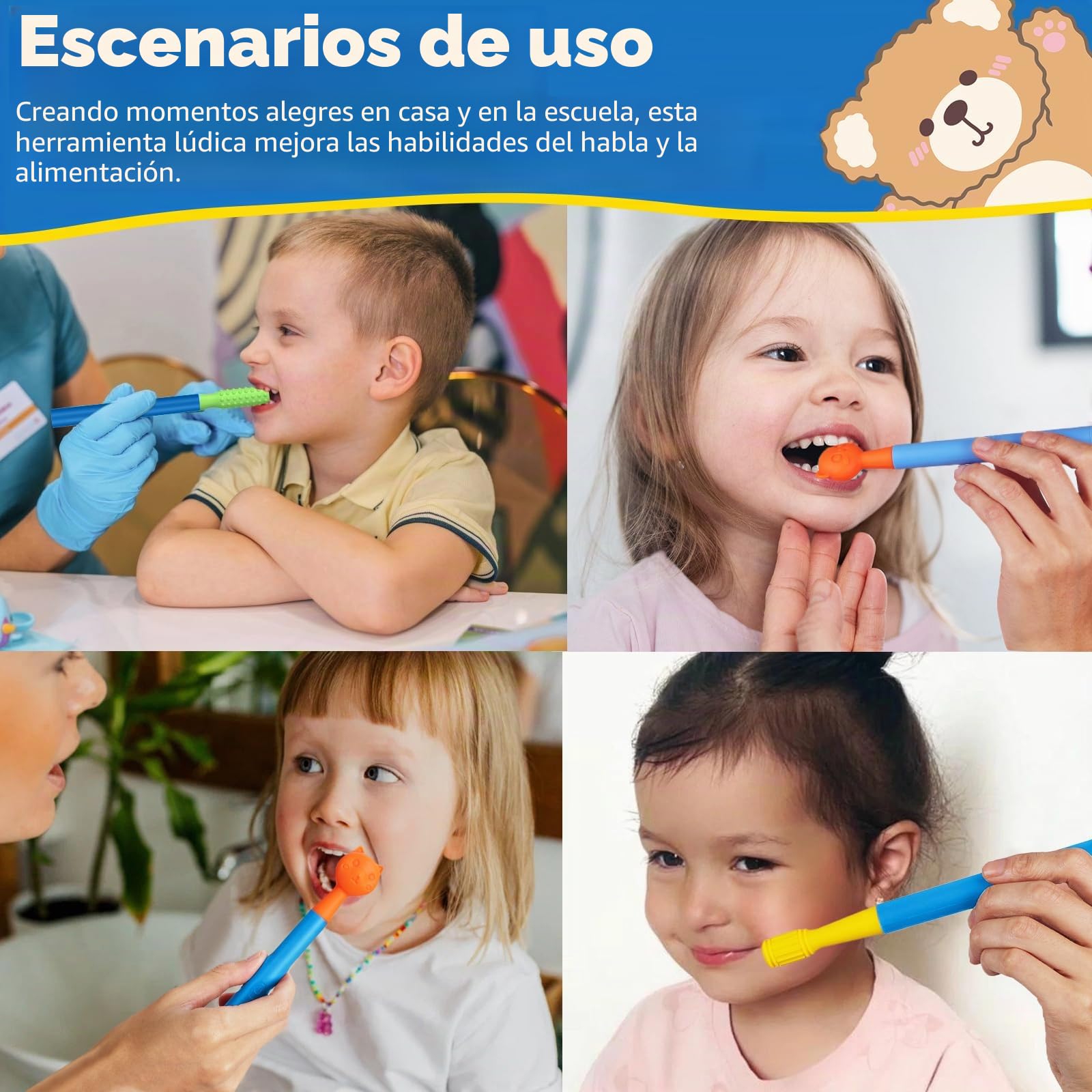 Kit de estimulación sensorial oral con 6 cabezales texturizados suaves para terapia del habla y apoyo a la alimentación, fuerza muscular y mejora de la fonación, color azul