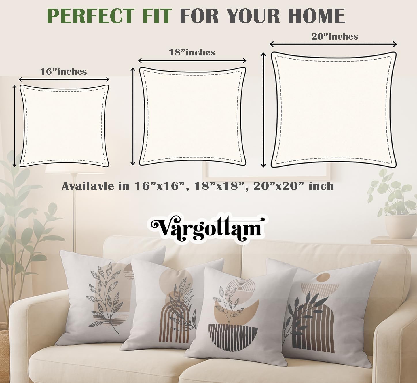 Set of 4 16x16 Inch Pillow Covers - 100% Cotton, Decorative Leaves Print, Double-Sided Print with Concealed Zipper - Filler Not Included - Off White