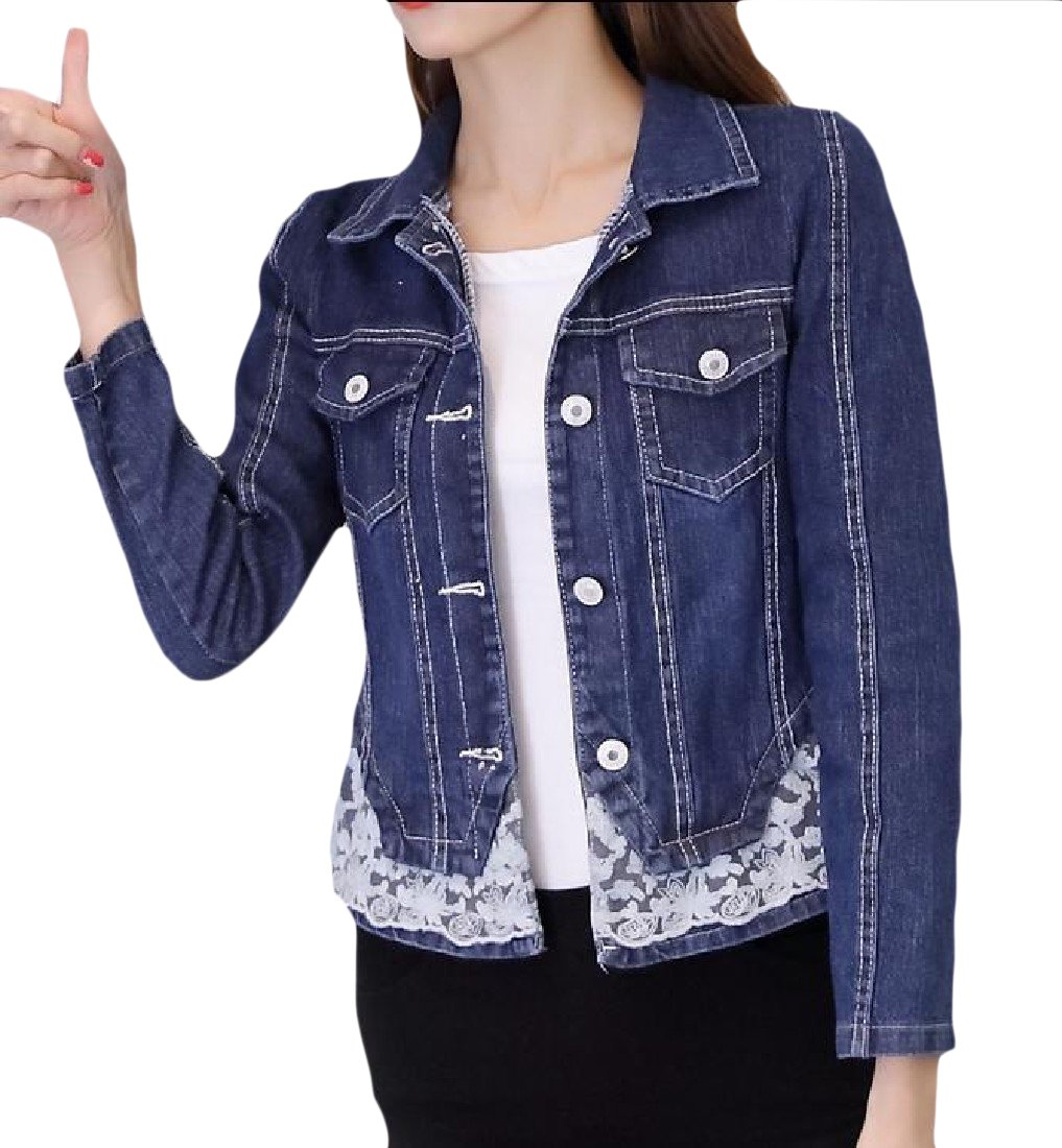 Womens Lace Patchwork Stylish Button Slim Short Denim Jacket Dark Blue M-image-26